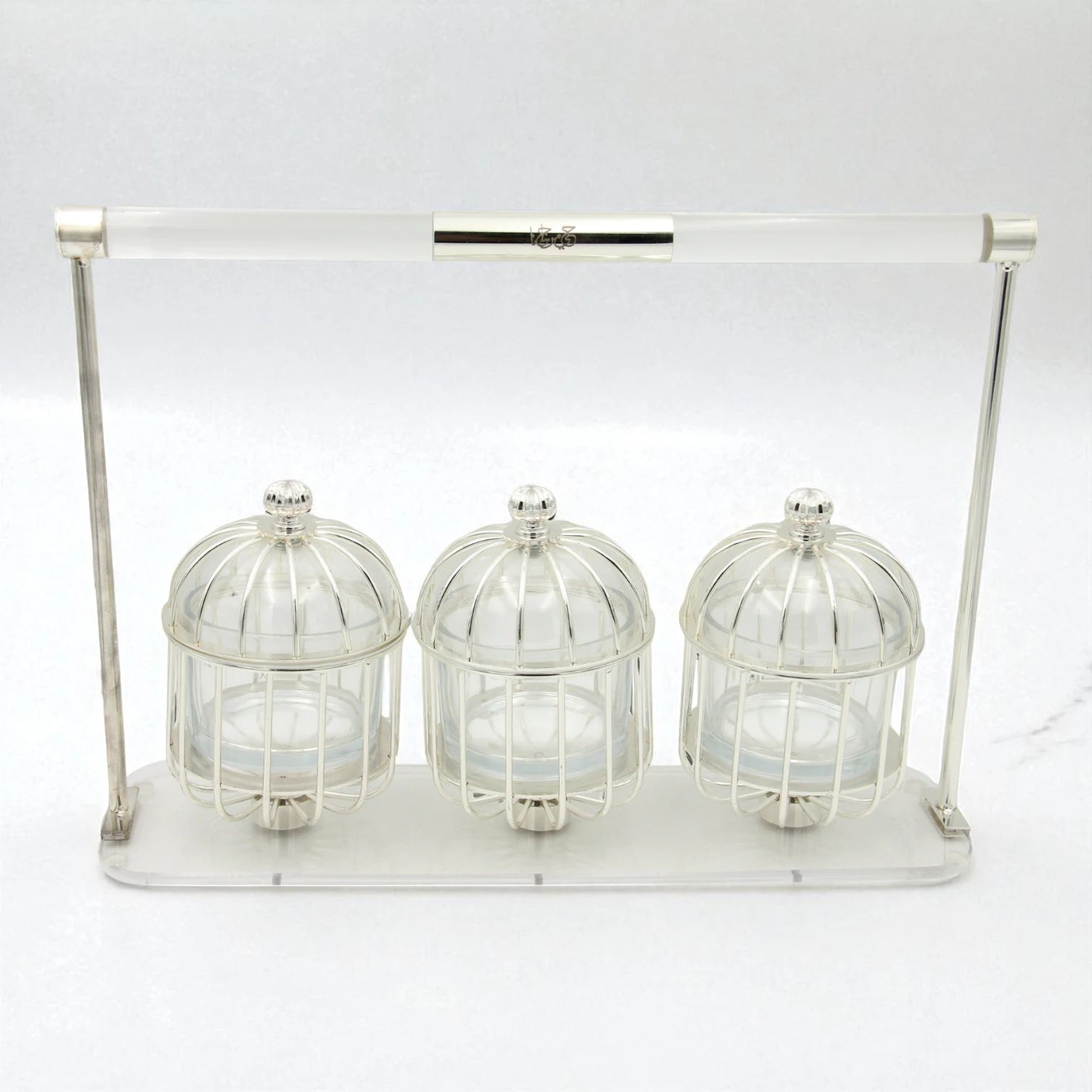 Al Fursan Three-Piece Silver Cage Candy Box Set on Acrylic Stand – Luxury Decorative Confectionary Display for Sweets, Nuts & Dates - Damoo