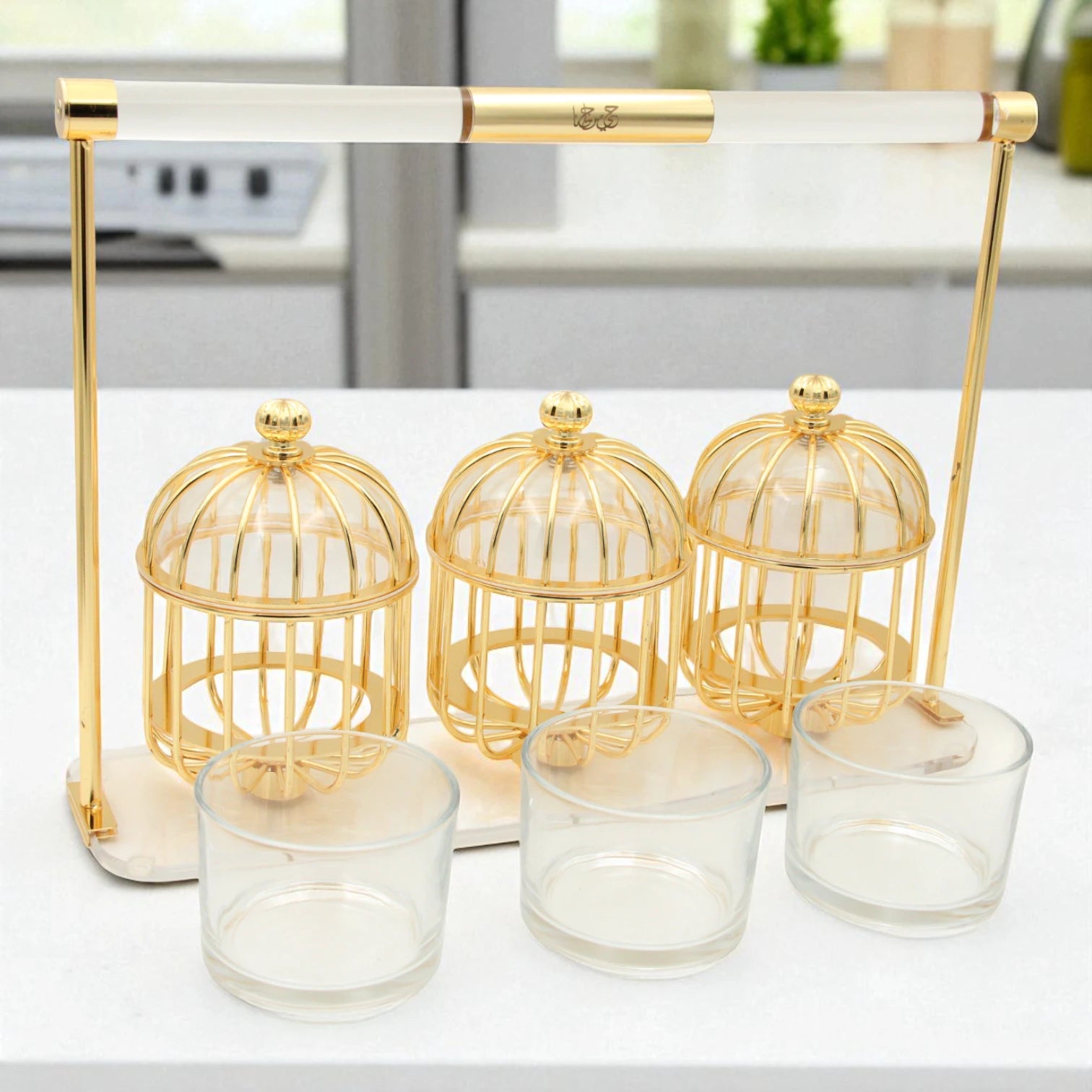 Al Fursan Three-Piece Silver Cage Candy Box Set on Acrylic Stand – Luxury Decorative Confectionary Display for Sweets, Nuts & Dates - Damoo