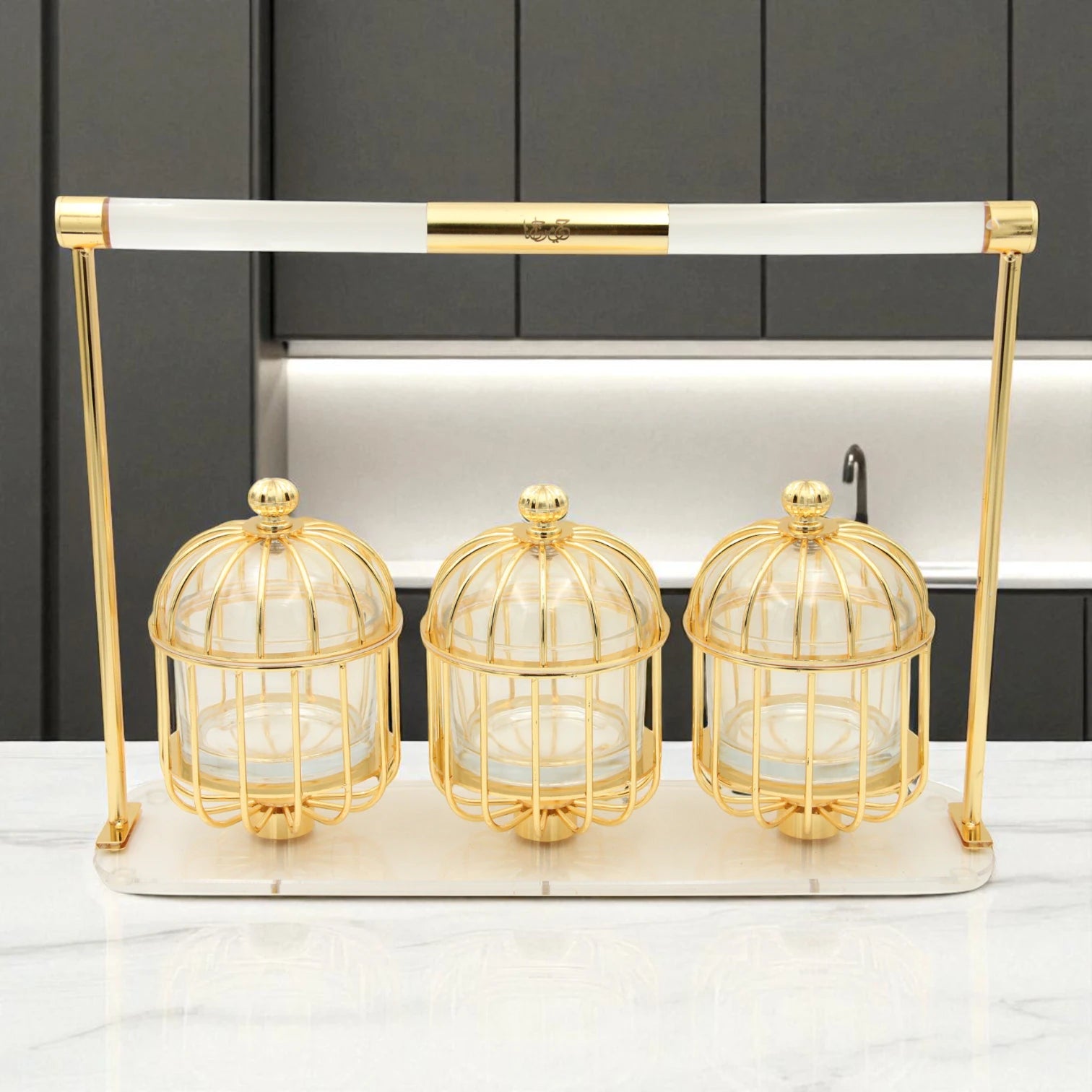 Al Fursan Three-Piece Silver Cage Candy Box Set on Acrylic Stand – Luxury Decorative Confectionary Display for Sweets, Nuts & Dates - Damoo