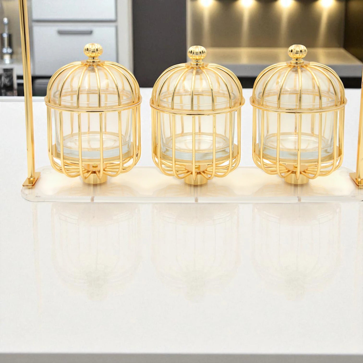 Al Fursan Three-Piece Silver Cage Candy Box Set on Acrylic Stand – Luxury Decorative Confectionary Display for Sweets, Nuts & Dates - Damoo