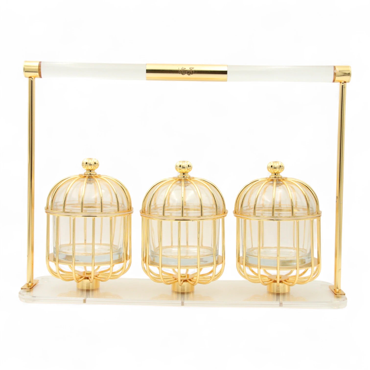 Al Fursan Three-Piece Silver Cage Candy Box Set on Acrylic Stand – Luxury Decorative Confectionary Display for Sweets, Nuts & Dates - Damoo