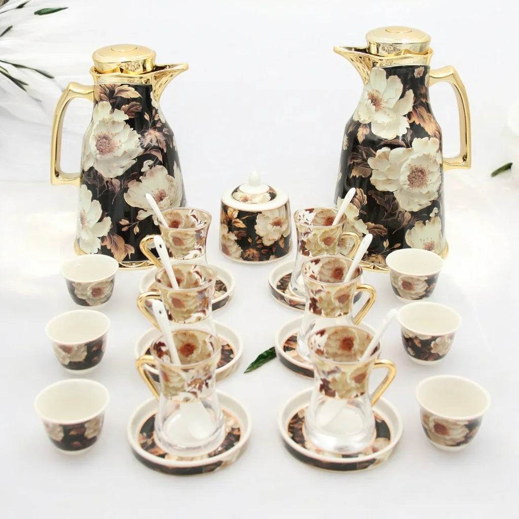 Al Habbai 27-Piece Floral Tea Set with Dual Thermos Flasks – Complete Tea & Coffee Serving Set with Glass Cups, Saucers, Cawa Cups, Spoons & Sugar Pot – Elegant Hospitality Set for Home or Gifting - Damoo