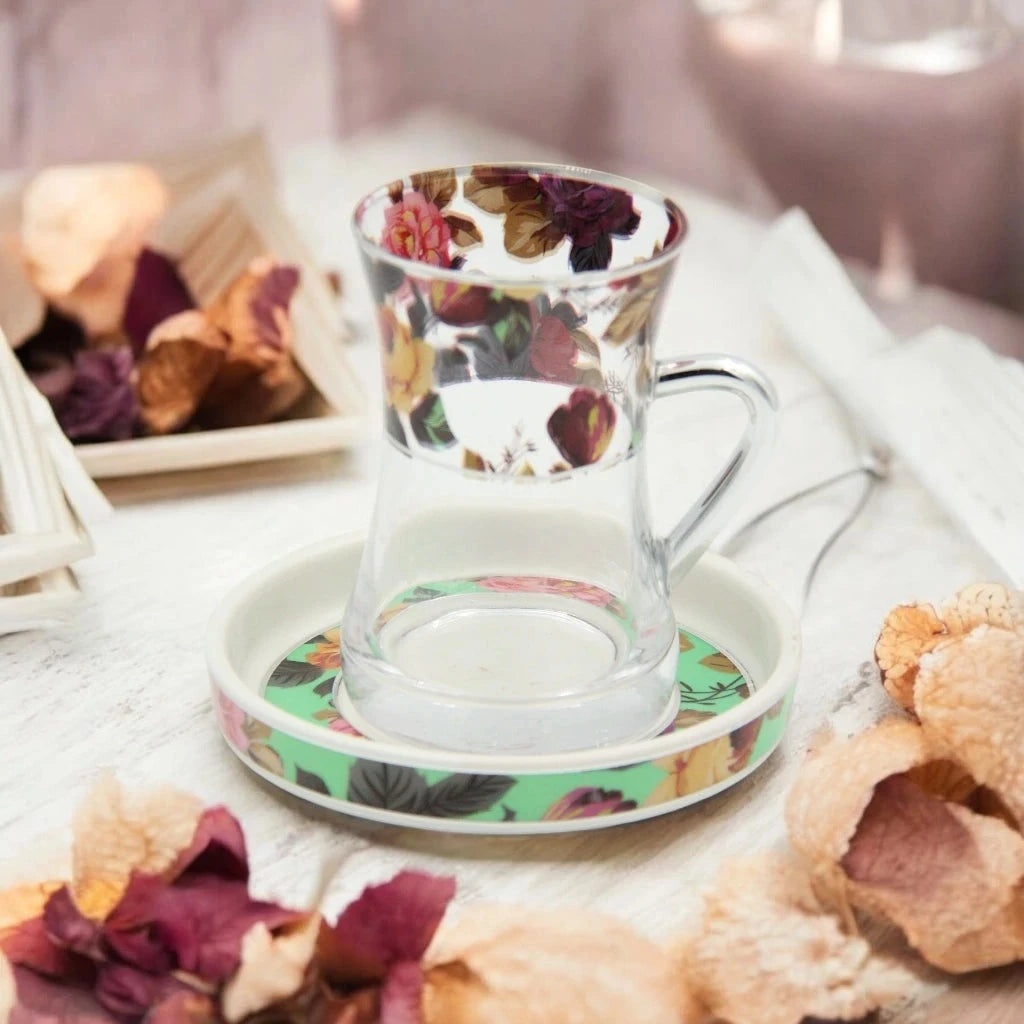 Al Habbai 27-Piece Floral Tea Set with Dual Thermos Flasks – Complete Tea & Coffee Serving Set with Glass Cups, Saucers, Cawa Cups, Spoons & Sugar Pot – Elegant Hospitality Set for Home or Gifting - Damoo