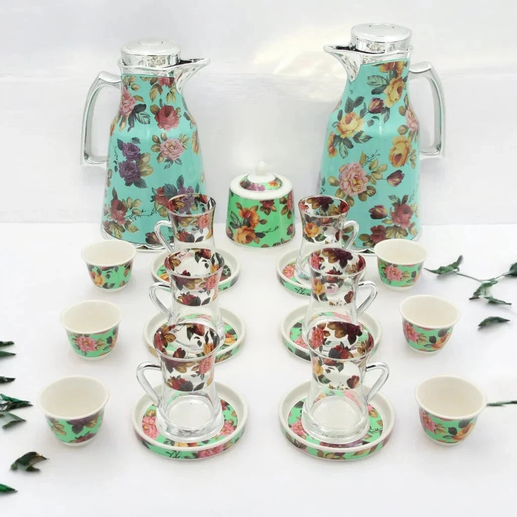 Al Habbai 27-Piece Floral Tea Set with Dual Thermos Flasks – Complete Tea & Coffee Serving Set with Glass Cups, Saucers, Cawa Cups, Spoons & Sugar Pot – Elegant Hospitality Set for Home or Gifting - Damoo