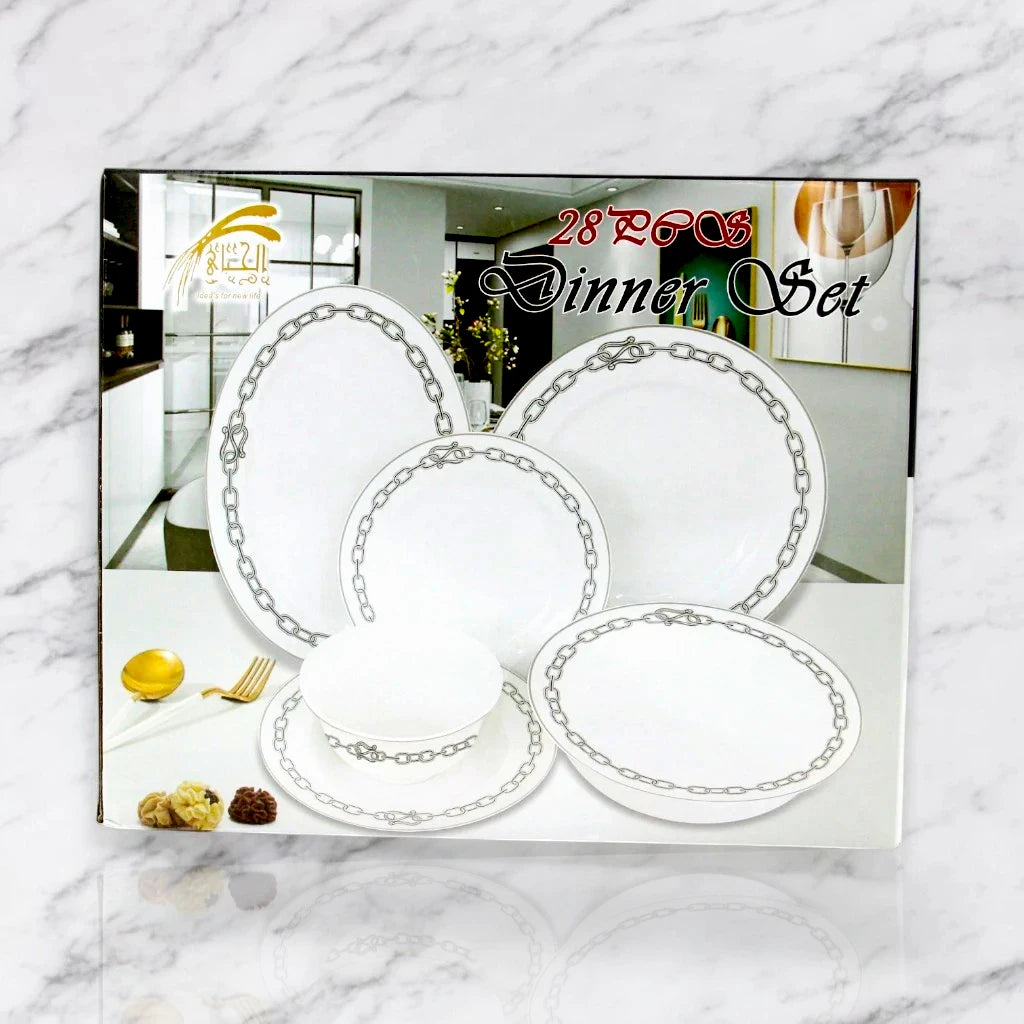 Al habbai 28-Piece Dinner Set – Microwave & Dishwasher Safe | Scratch-Resistant | Includes 7.5" & 10.5" Plates, 8" Soup Plates, 5.5" Bowls, 12" Plates, 9" Bowls – Elegant White Tableware for All Occasions - Damoo