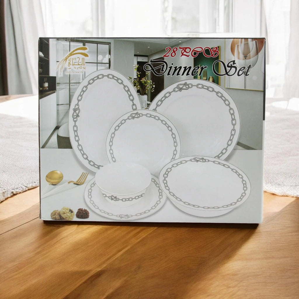 Al Habbai 28-Piece Elegant Dinner Set – Lightweight, Chip-Resistant, Classic White with Gold & Silver Trim – Dishwasher & Freezer Safe - Damoo