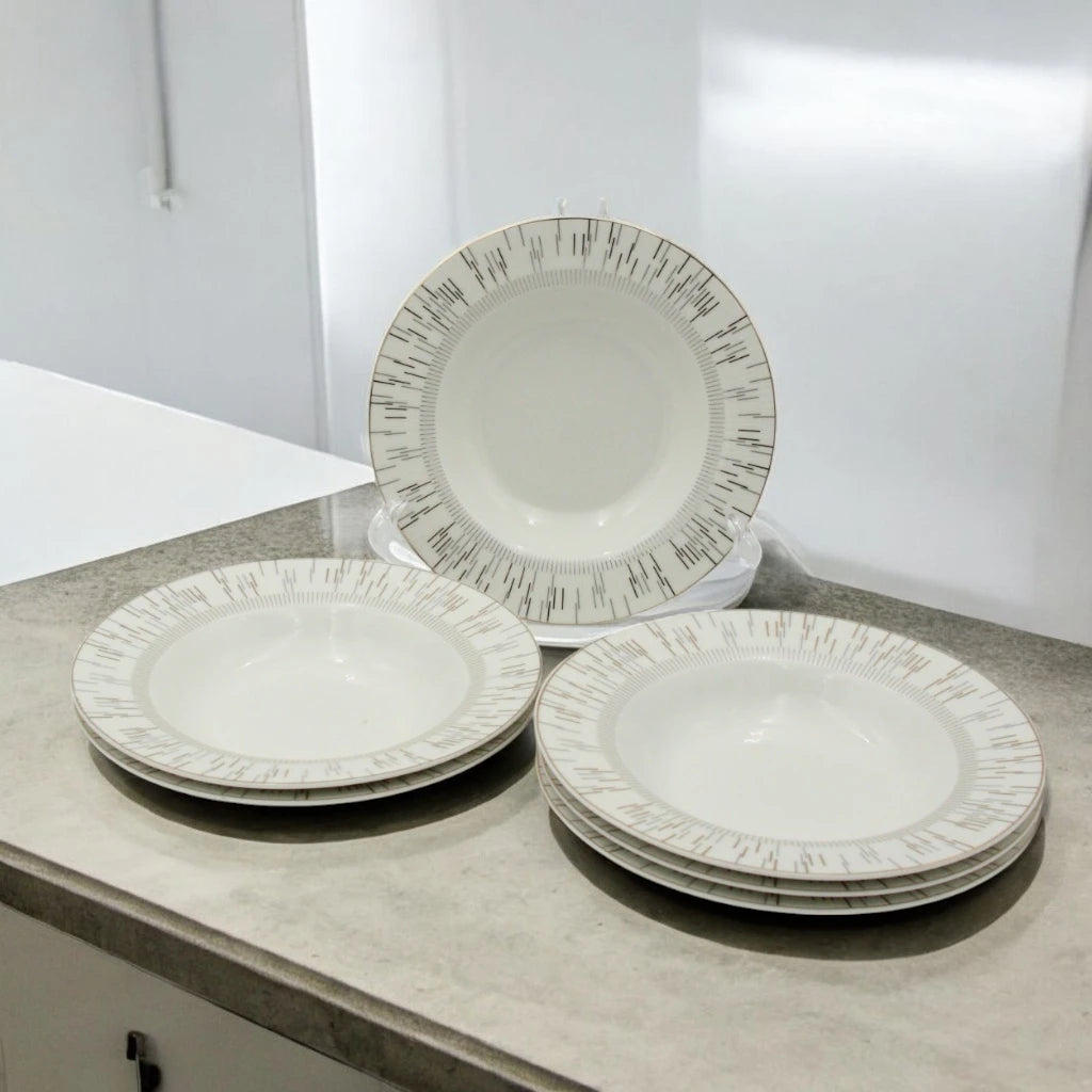 Al Habbai 28-Piece Elegant Dinner Set – Lightweight, Chip-Resistant, Classic White with Gold & Silver Trim – Dishwasher & Freezer Safe - Damoo