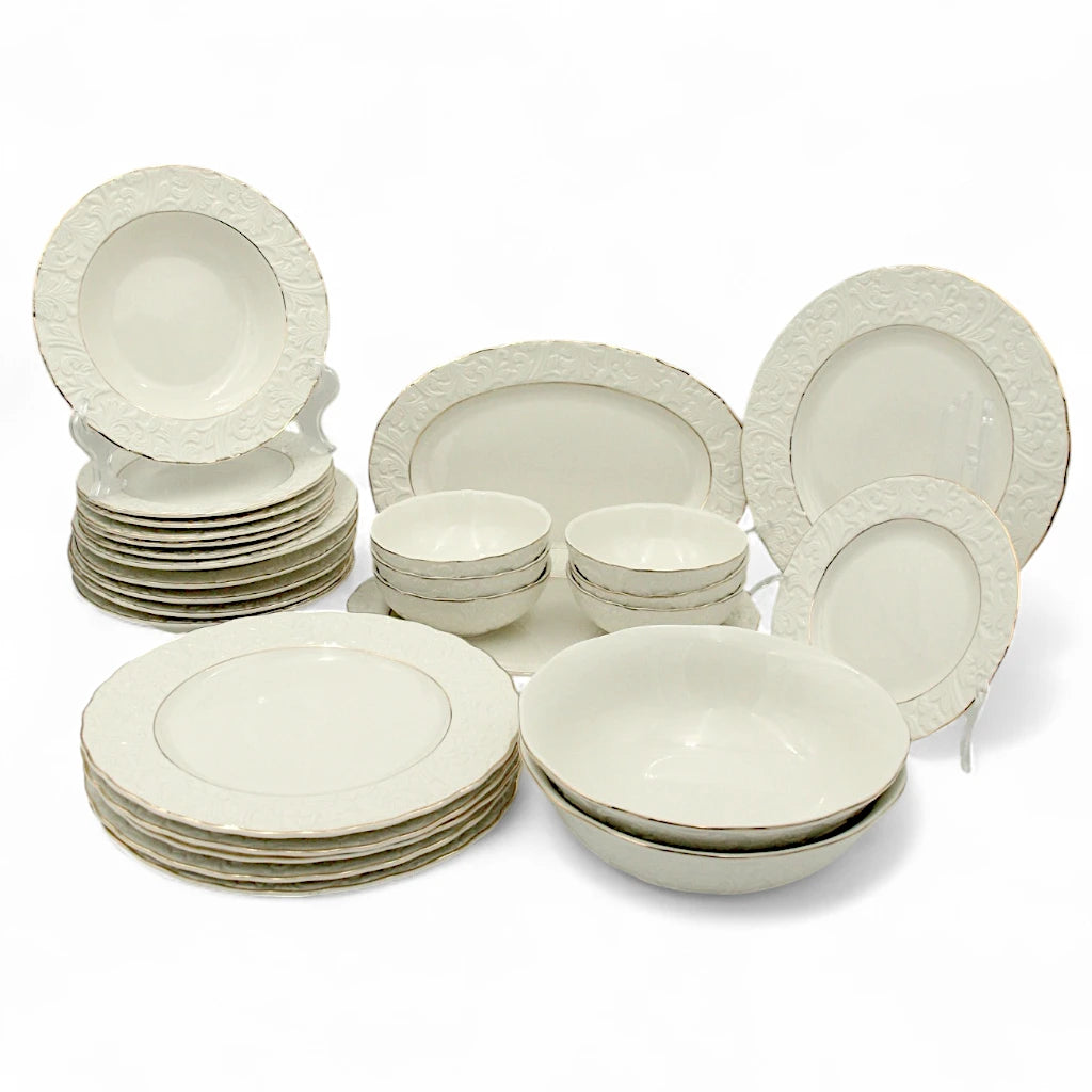 Al habbai 28-Piece White Embossed Porcelain Dinnerware Set with Gold Trim – Elegant Vintage-Inspired Plates, Bowls, Soup Plates, and Serving Platters for Formal Dining and Entertaining - Damoo