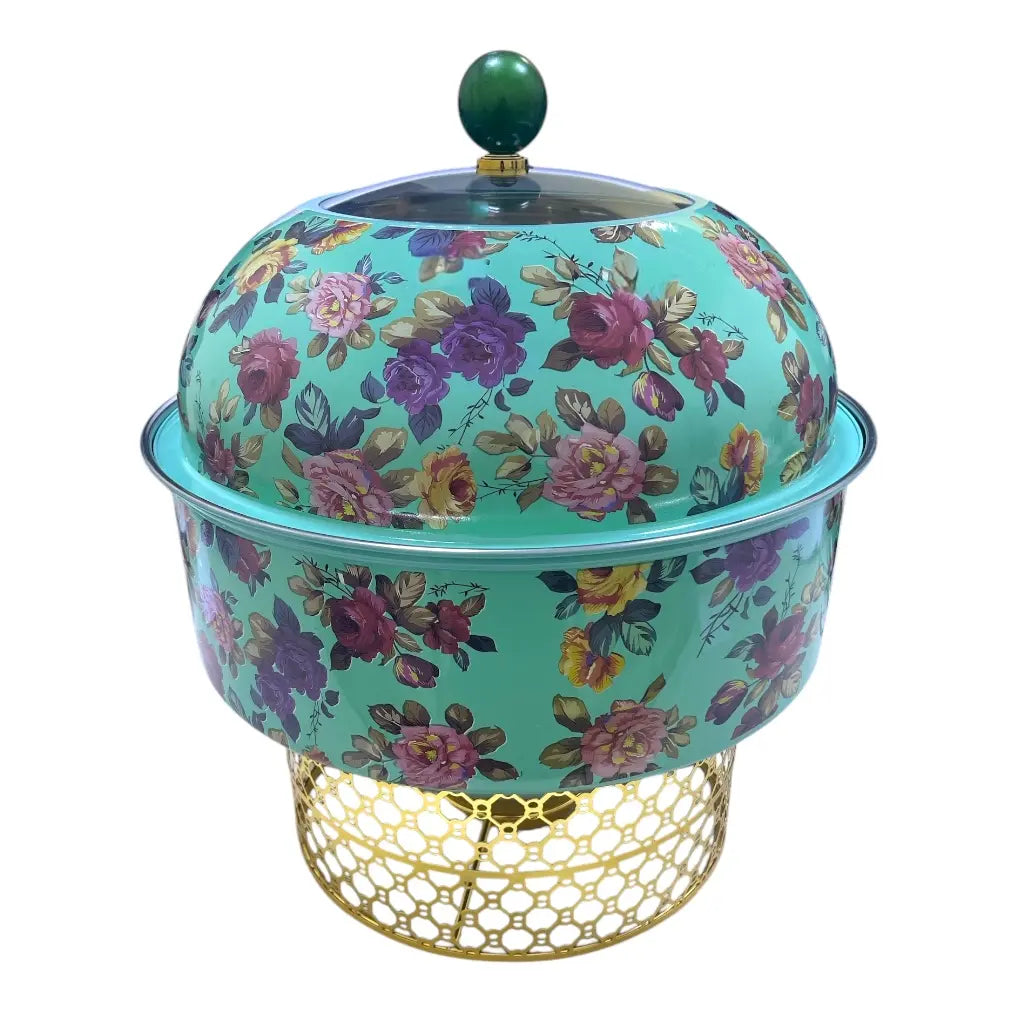 Al habbai Floral Elegance Vintage-Style Stainless Steel Buffet Warmer with Clear Glass Lid – Durable, Efficient, and Stylish Food Warmer for Parties, Events, and Home Entertaining - Damoo