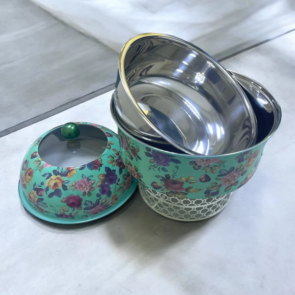 Al habbai Floral Elegance Vintage-Style Stainless Steel Buffet Warmer with Clear Glass Lid β Durable, Efficient, and Stylish Food Warmer for Parties, Events, and Home Entertaining - Damoo