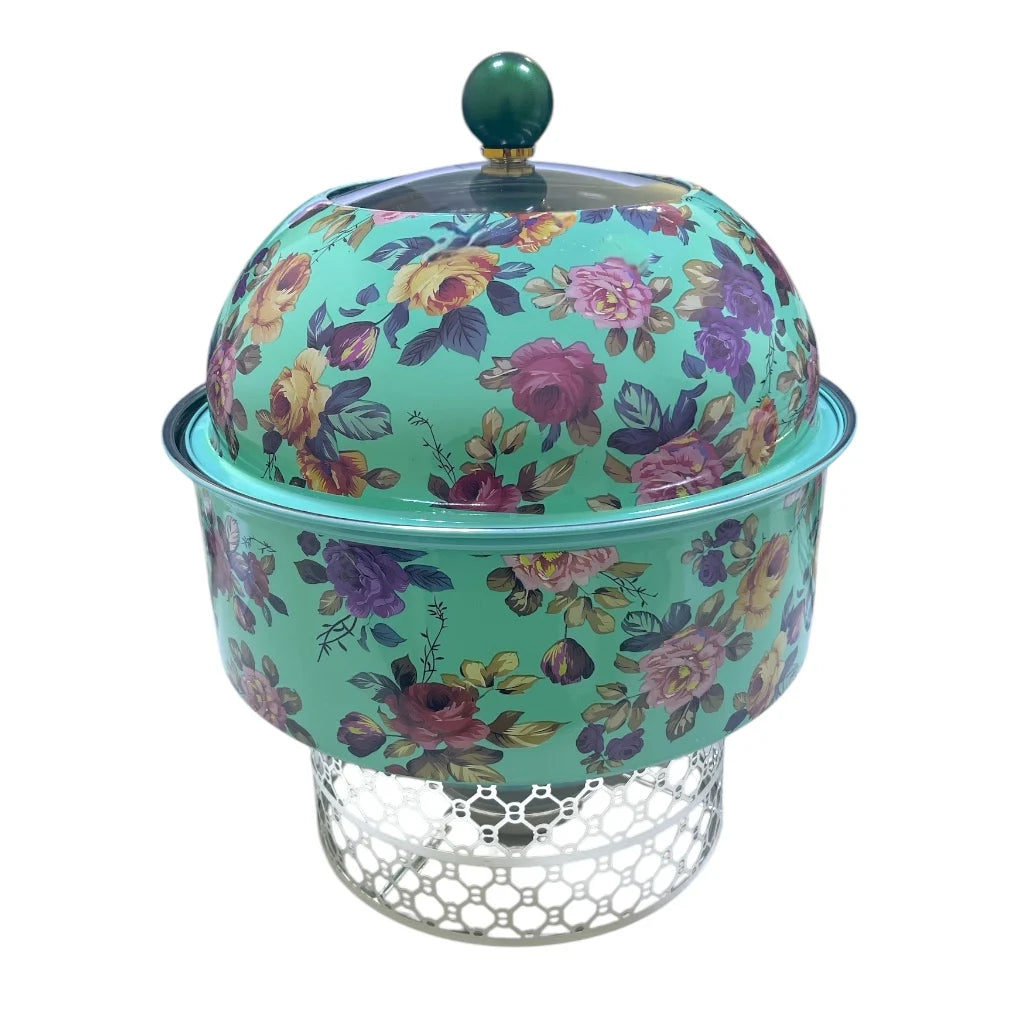 Al habbai Floral Elegance Vintage-Style Stainless Steel Buffet Warmer with Clear Glass Lid β Durable, Efficient, and Stylish Food Warmer for Parties, Events, and Home Entertaining - Damoo