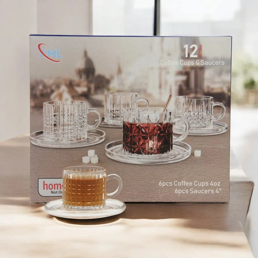 AML Home Collection 12-Piece Tea&Coffee Glass Cup and Saucer Set – Elegant Design for Tea, Espresso, and Everyday Sophistication - Damoo