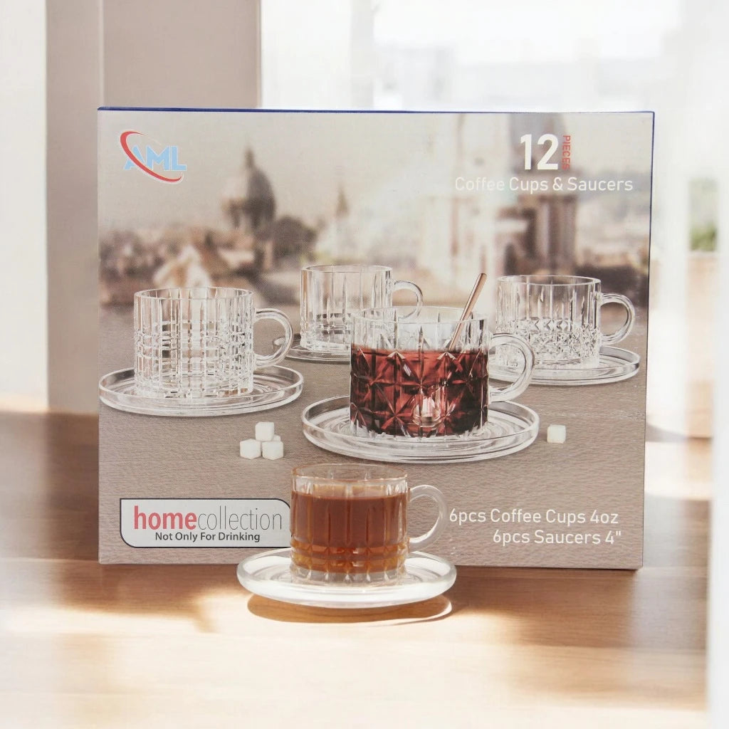 AML Home Collection 12-Piece Tea&Coffee Glass Cup and Saucer Set – Elegant Design for Tea, Espresso, and Everyday Sophistication - Damoo