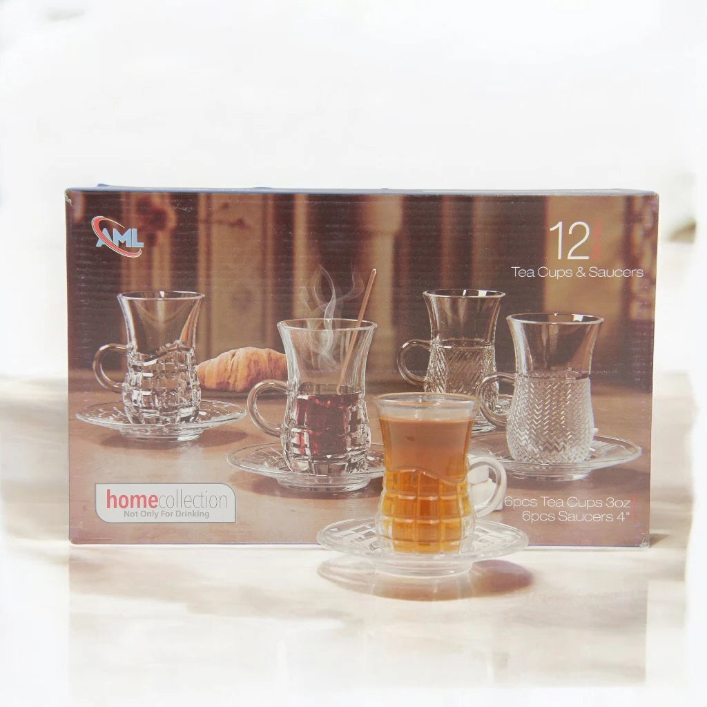 AML Home Collection 12-Piece Tea Cup and Saucer Set – 6 Elegant Glass Tea Cups with 6 Matching Saucers – Perfect Blend of Style, Function, and Sophistication - Damoo