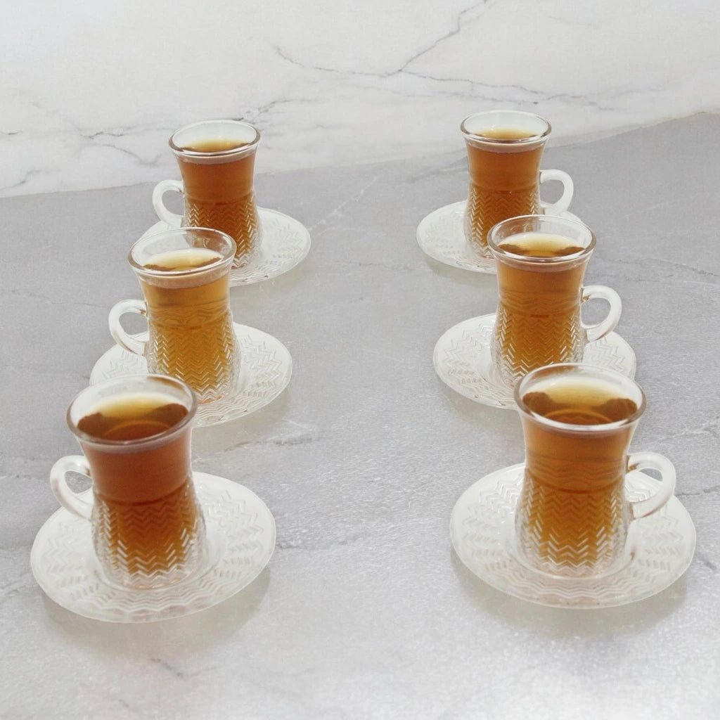 AML Home Collection 12-Piece Tea Cup and Saucer Set – 6 Elegant Glass Tea Cups with 6 Matching Saucers – Perfect Blend of Style, Function, and Sophistication - Damoo