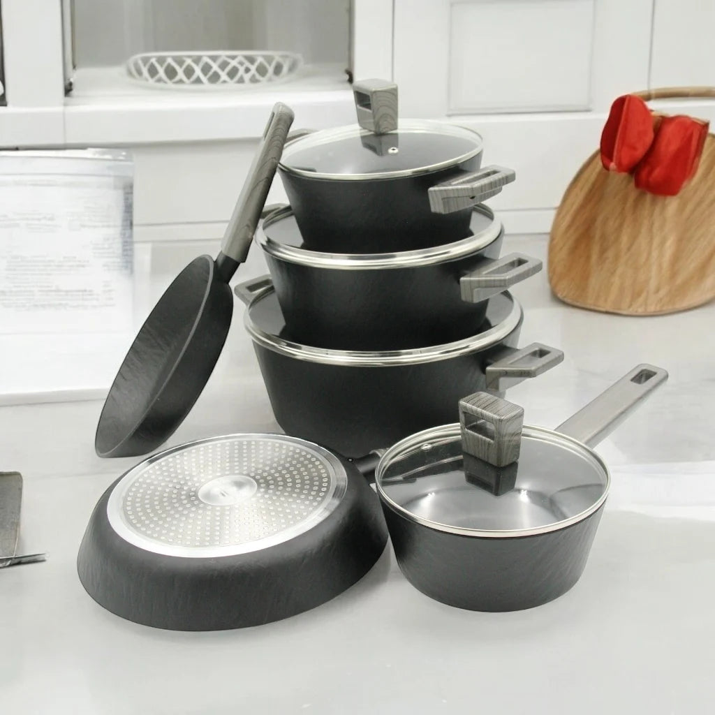 ANERCOOK 10-Piece Premium Cookware Set – Rockstone Titanium Pro Multi-Layer Non-Stick Coating – Induction Compatible – Heavy-Duty Die-Cast Aluminum – Air Cushion Technology for Even Heat Distribution - Damoo