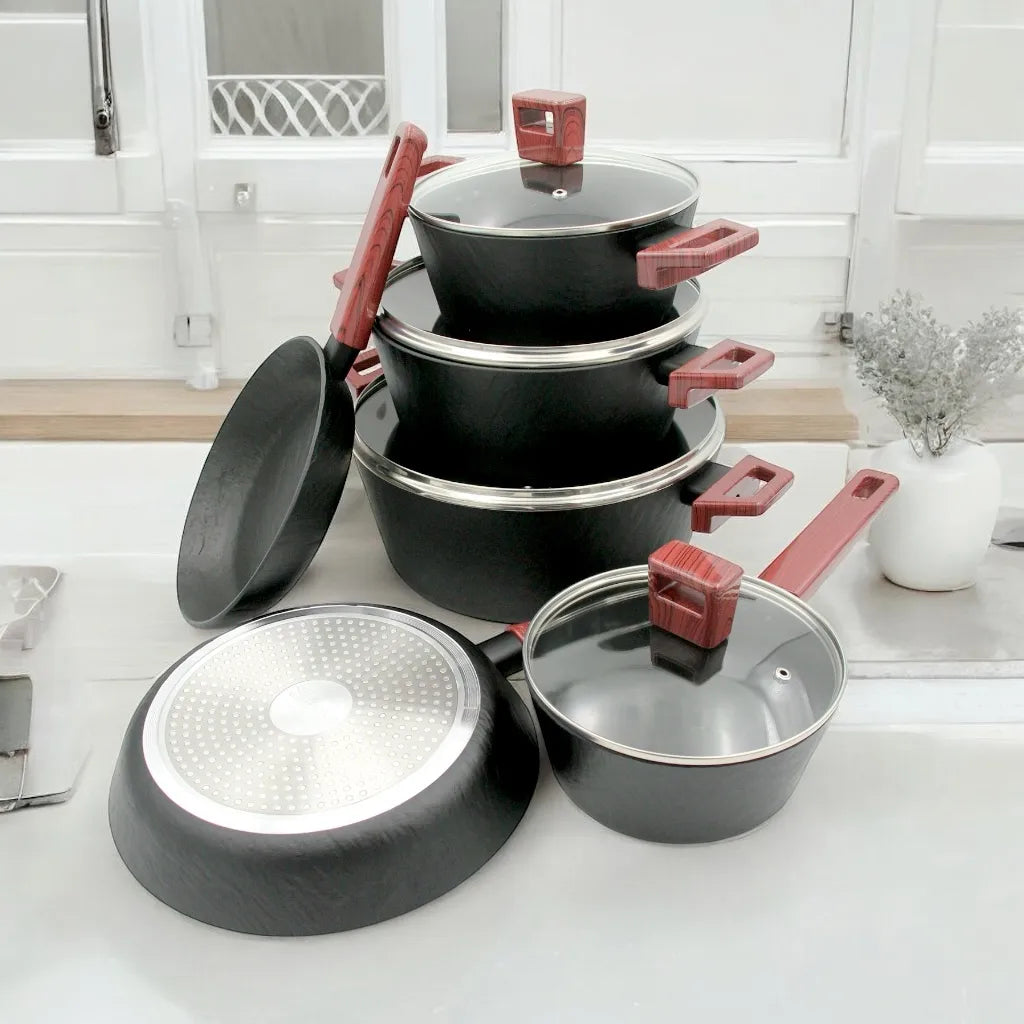 ANERCOOK 10-Piece Premium Cookware Set – Rockstone Titanium Pro Multi-Layer Non-Stick Coating – Induction Compatible – Heavy-Duty Die-Cast Aluminum – Air Cushion Technology for Even Heat Distribution - Damoo