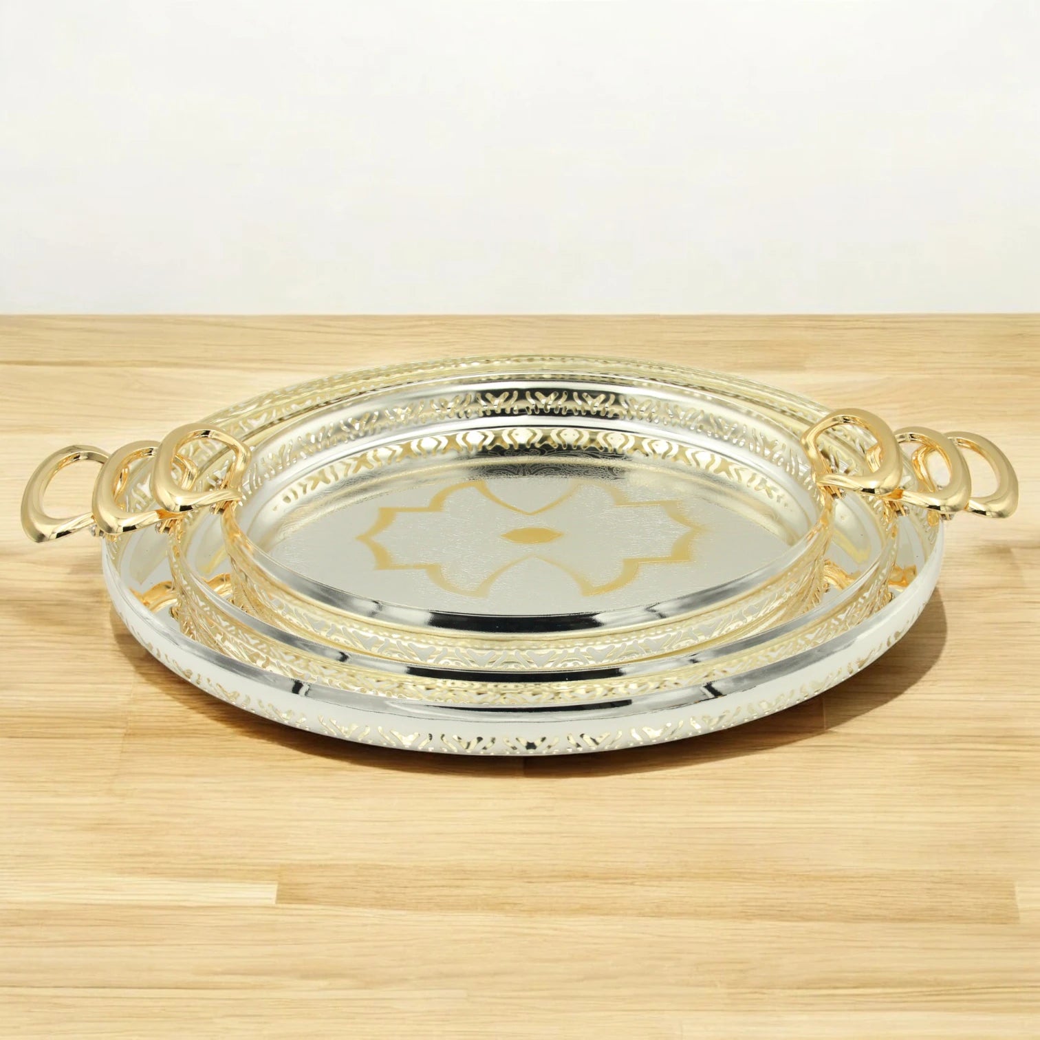 Ansa Elegant 3-Piece Silver & Gold Serving Tray Set – Premium Metal Trays for Coffee, Dates, Sweets & Home Décor - Damoo