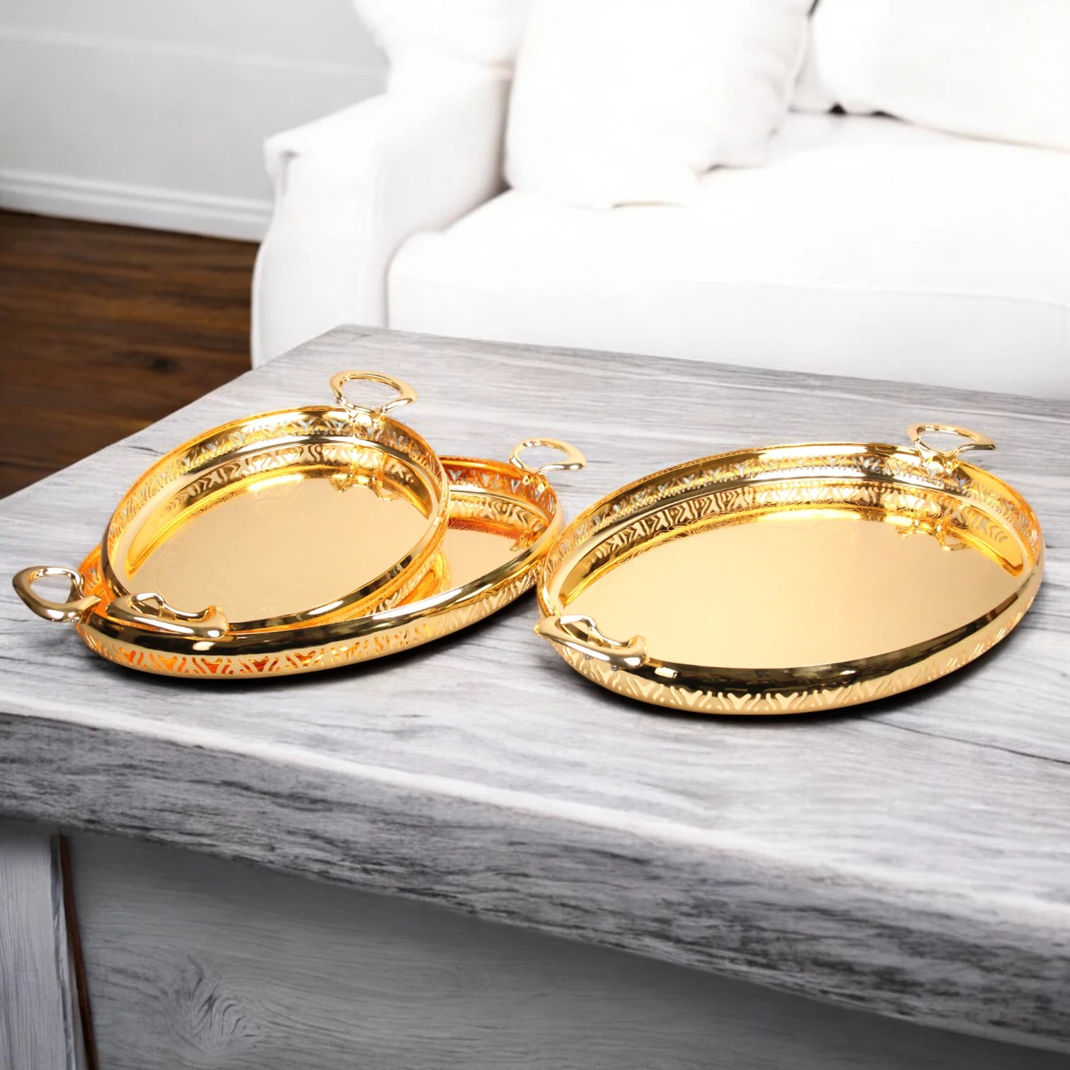 Ansa Luxurious 3-Piece Gold Finish Serving Tray Set – Decorative Metal Trays with Ornate Handles for Coffee, Sweets & Décor - Damoo