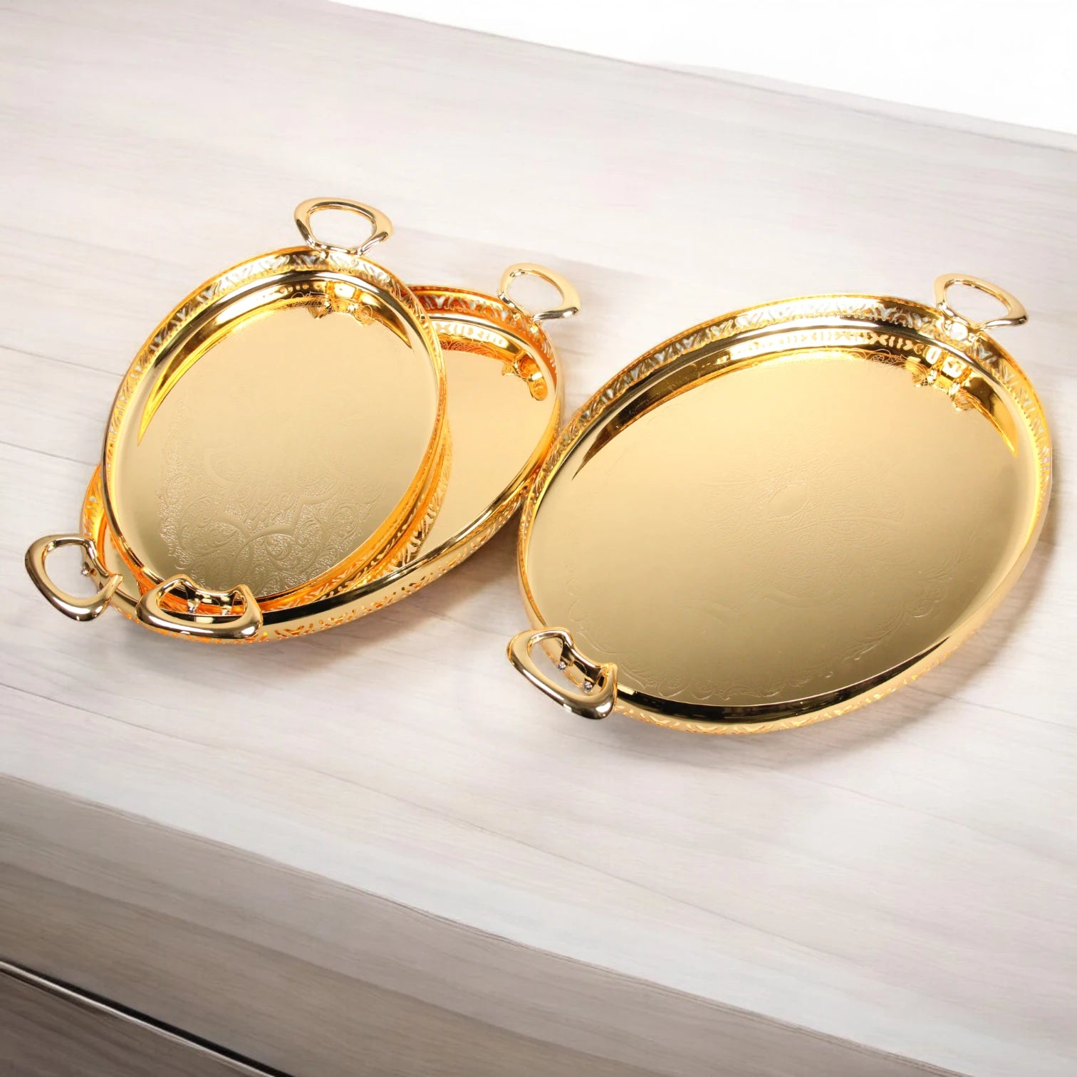 Ansa Luxurious 3-Piece Gold Finish Serving Tray Set – Decorative Metal Trays with Ornate Handles for Coffee, Sweets & Décor - Damoo