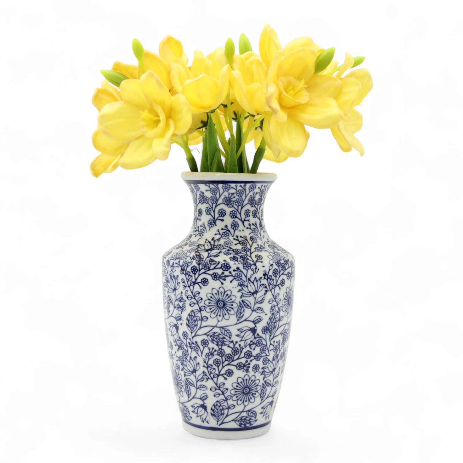 Artisan Blue & White Decorative Ceramic Vase – Hand-Painted Porcelain with Vintage Swirl & Floral Motif - Damoo