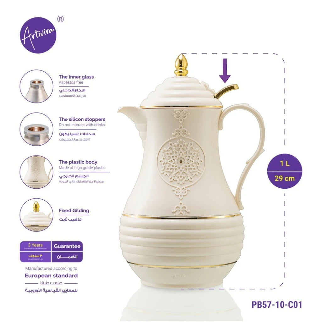 ArtiVira Thermos Flask 1L with Push Button Cap – Premium Insulated Coffee Carafe | Keeps Drinks Hot for 24H & Cold for 36H | Elegant Artisan Design + 3-Year Warranty - Damoo