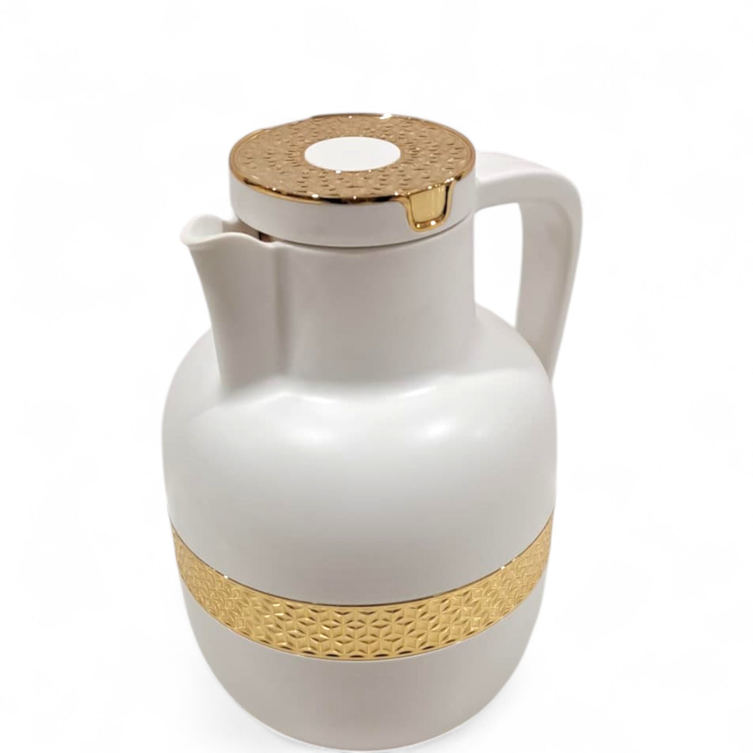Ansa Original White Vacuum Flask 1L – Luxury Gold & Silver Band Thermos | Premium Insulated Glass Liner | 12H Heat Retention | Arabic Coffee & Tea Pot - Damoo