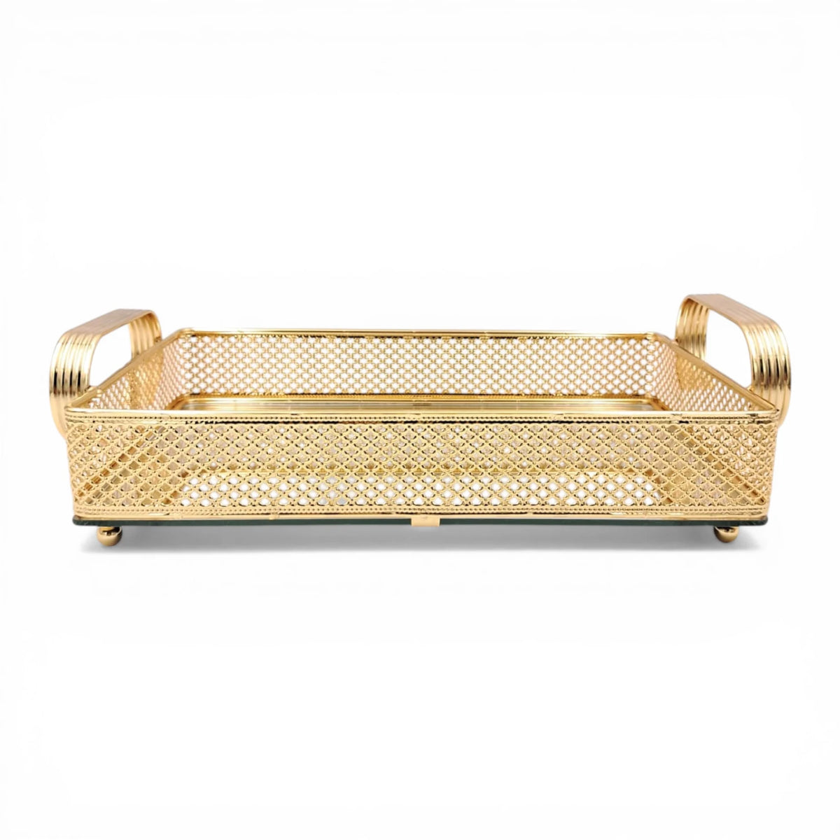 Decorative Glass Luxury Gold Finish Mirror Serving Tray with Handles Rectangular Decorative Vanity Organizer Tray - Damoo