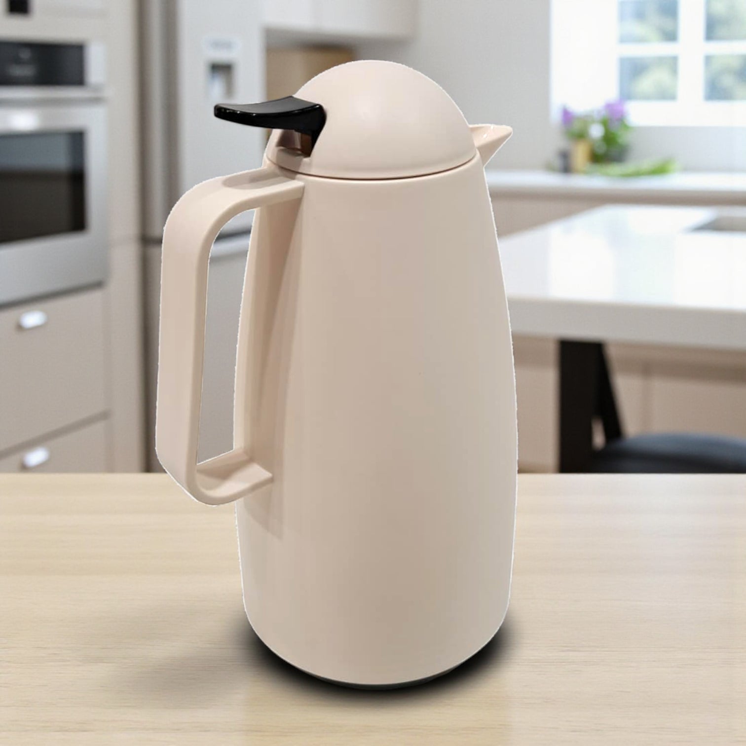 Crystal House Arabic Coffee Thermos Flask – Beige Insulated Vacuum Jug with "قهوة" Print – Plastic Body with Inner Glass Liner for Hot & Cold Beverages - Damoo