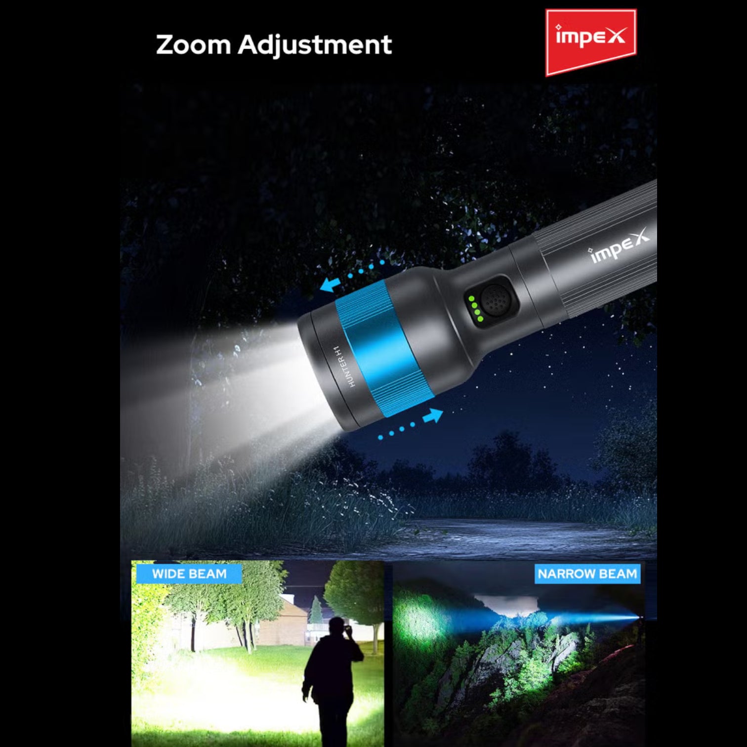 Impex Hunter H1 Rechargeable LED Flashlight | 5050 White Laser LED | 2000mAh Li-ion Battery | 4 Light Modes | 500m Beam | Type-C Fast Charging | Waterproof Aluminum Body