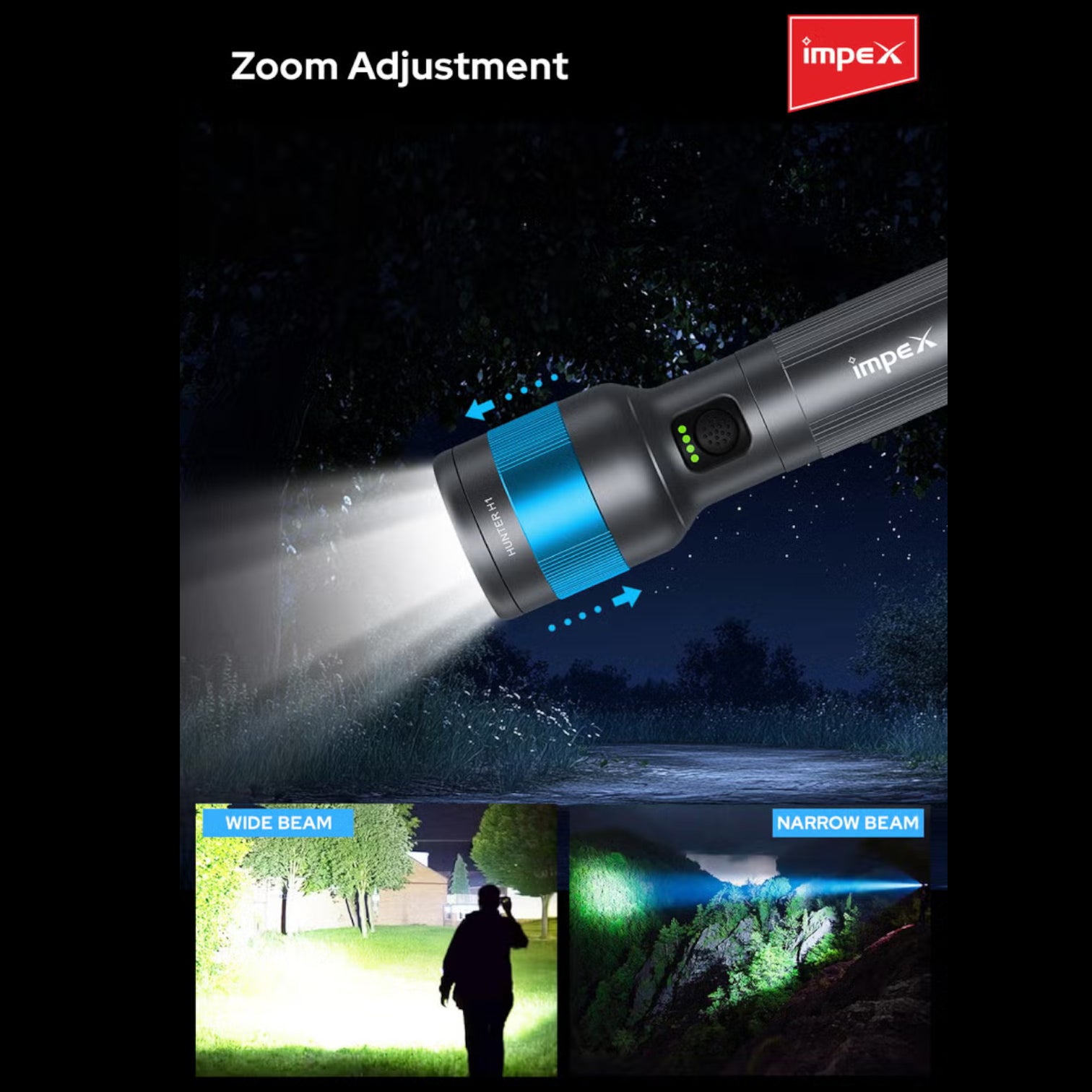Impex Hunter H1 Rechargeable LED Flashlight | 5050 White Laser LED | 2000mAh Li-ion Battery | 4 Light Modes | 500m Beam | Type-C Fast Charging | Waterproof Aluminum Body