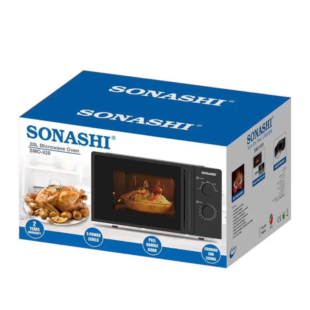 SONASHI 20L Manual Microwave Oven – SMO-920 Black | 700W Power, 245mm Turntable Glass Tray, 6 Power Levels, Defrost Function, 30-Min Timer, Pull Handle Door – Compact & Efficient Design for Everyday Cooking - Damoo