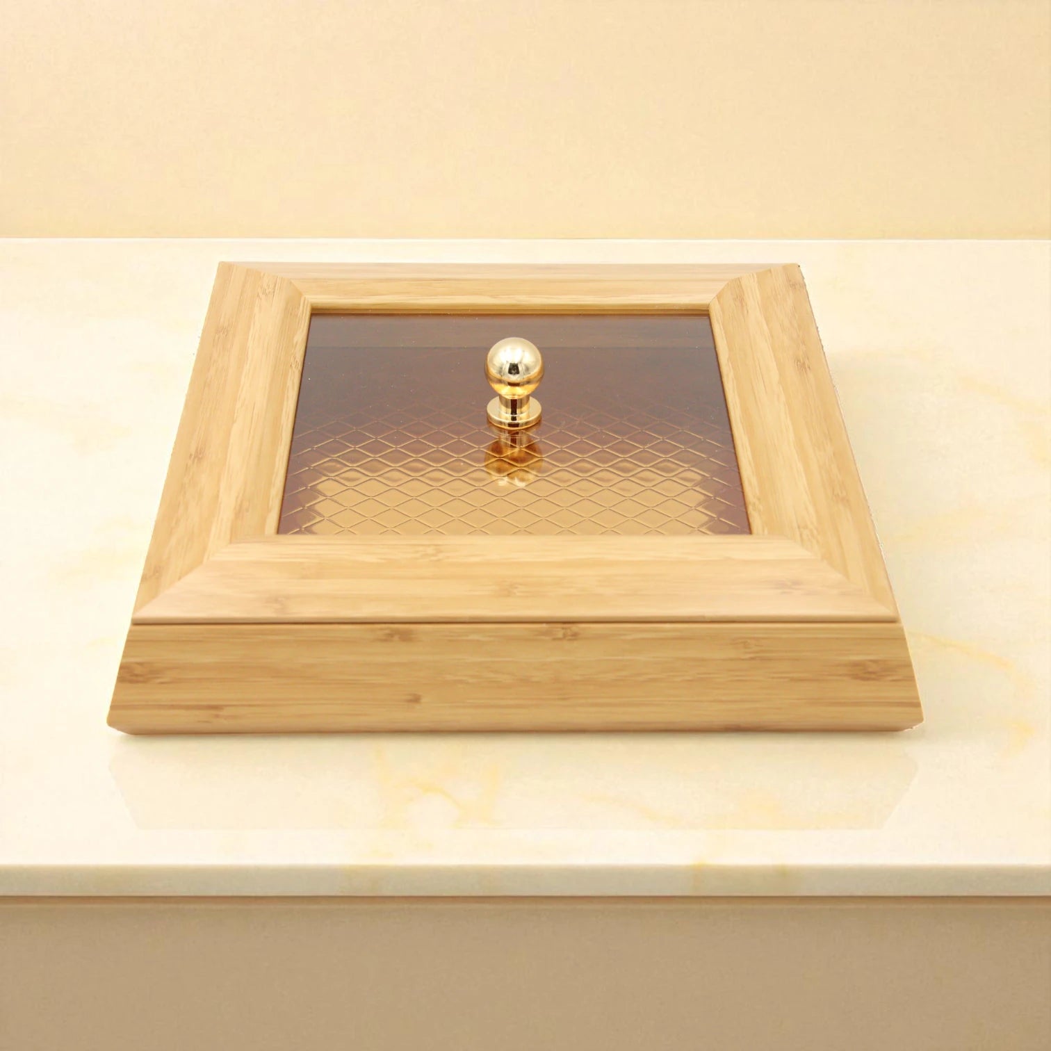 Bamboo Storage & Serving Box with Lid & Gold Handle | Multi-Purpose Organizer for Kitchen, Vanity, Living Room - Damoo