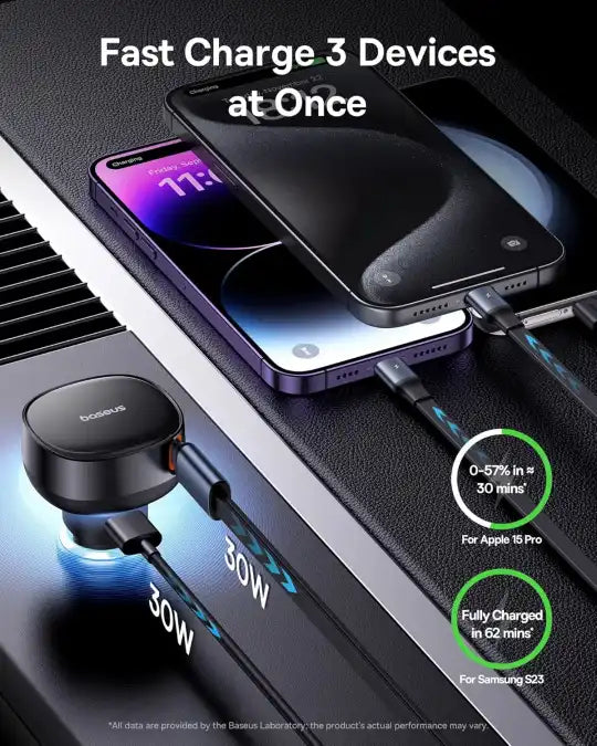 Baseus 60W USB-C Retractable Car Charger – 3-in-1 Fast Charging Adapter for iPhone 15/14/13/12 Pro Max, Samsung S23/S22/S21 Ultra, Pixel & More - Damoo