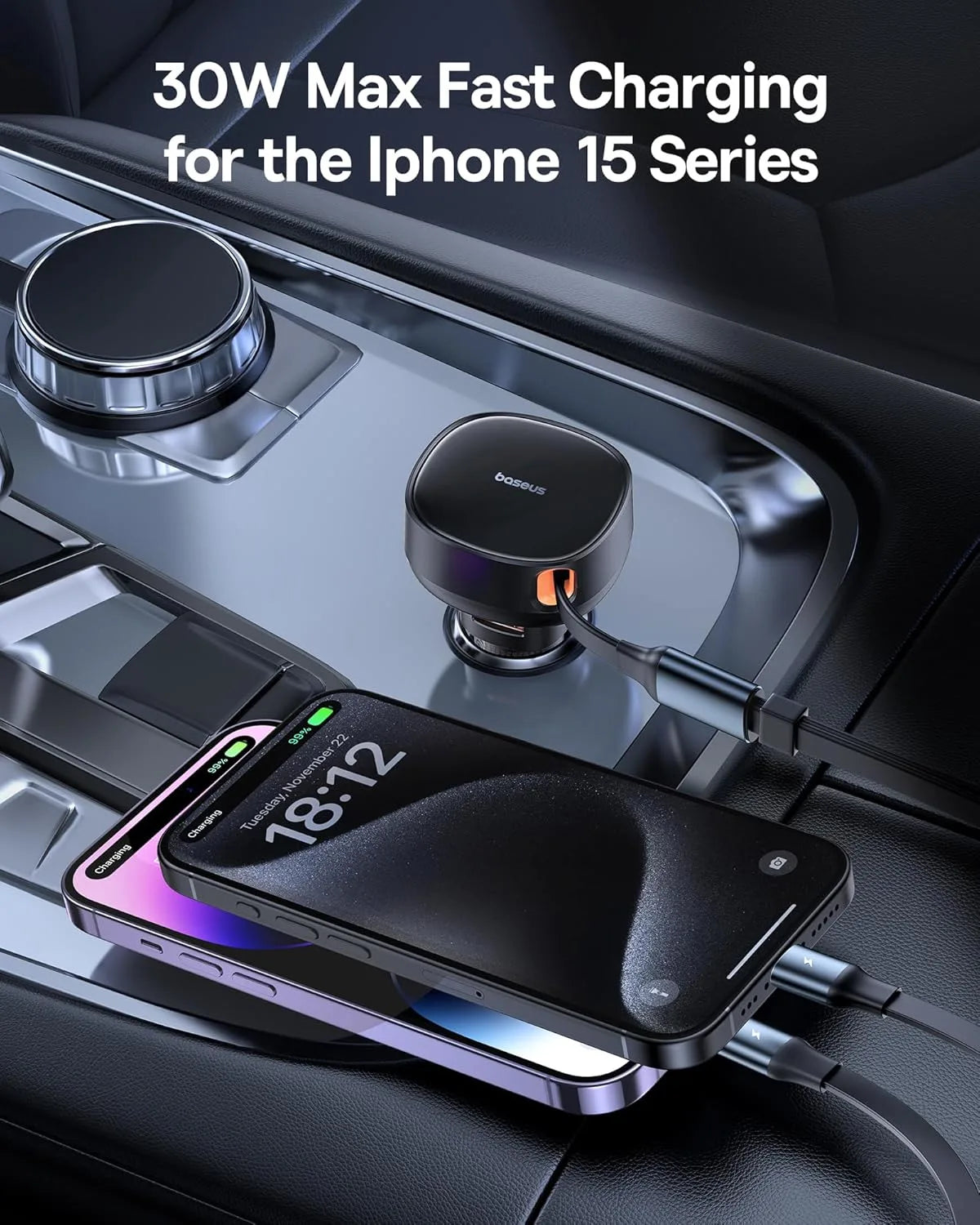 Baseus 60W USB-C Retractable Car Charger – 3-in-1 Fast Charging Adapter for iPhone 15/14/13/12 Pro Max, Samsung S23/S22/S21 Ultra, Pixel & More - Damoo