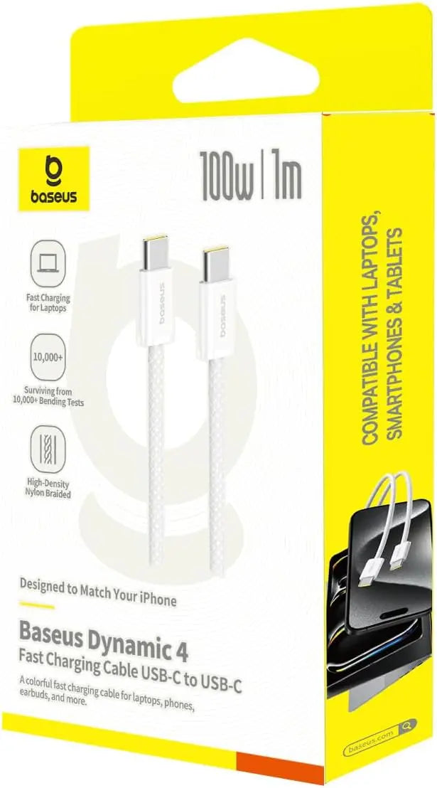 Baseus Dynamic Series USB-C to USB-C Cable 100W, 1M – Moon White, PD Fast Charging & Smart IC for MacBook, Samsung, iPhone 15 Pro Max, iPad, and More - Damoo
