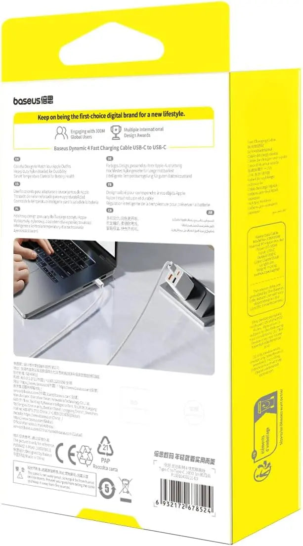 Baseus Dynamic Series USB-C to USB-C Cable 100W, 1M – Moon White, PD Fast Charging & Smart IC for MacBook, Samsung, iPhone 15 Pro Max, iPad, and More - Damoo