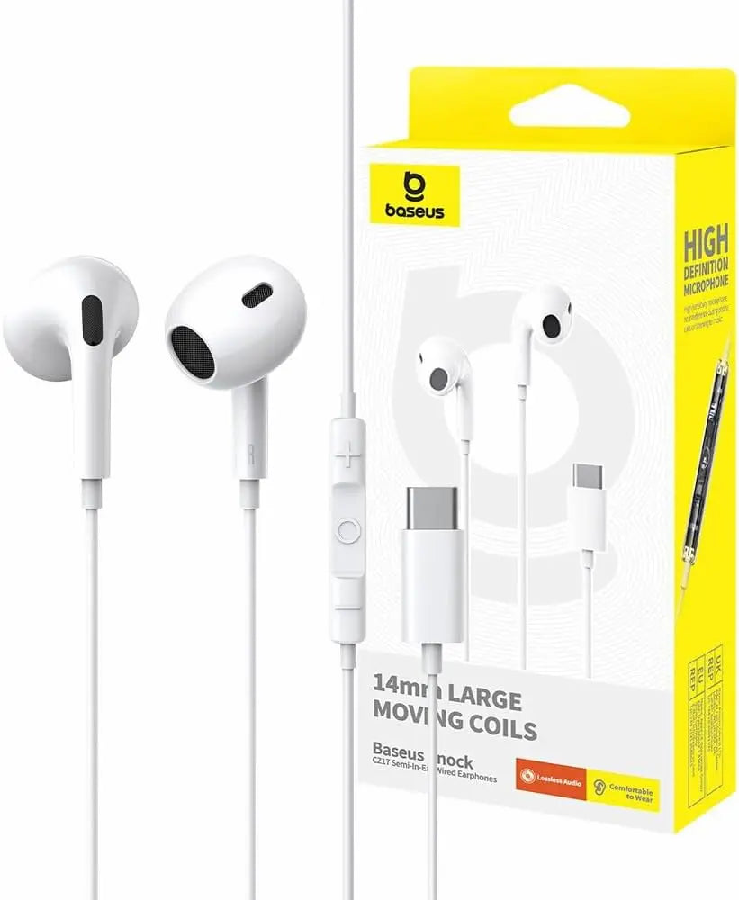 Baseus Type-C Earphones CZ17 – USB-C Wired Semi In-Ear Headphones with Mic for iPhone 15, Samsung S23, Redmi, OnePlus – Noise Isolation, White - Damoo