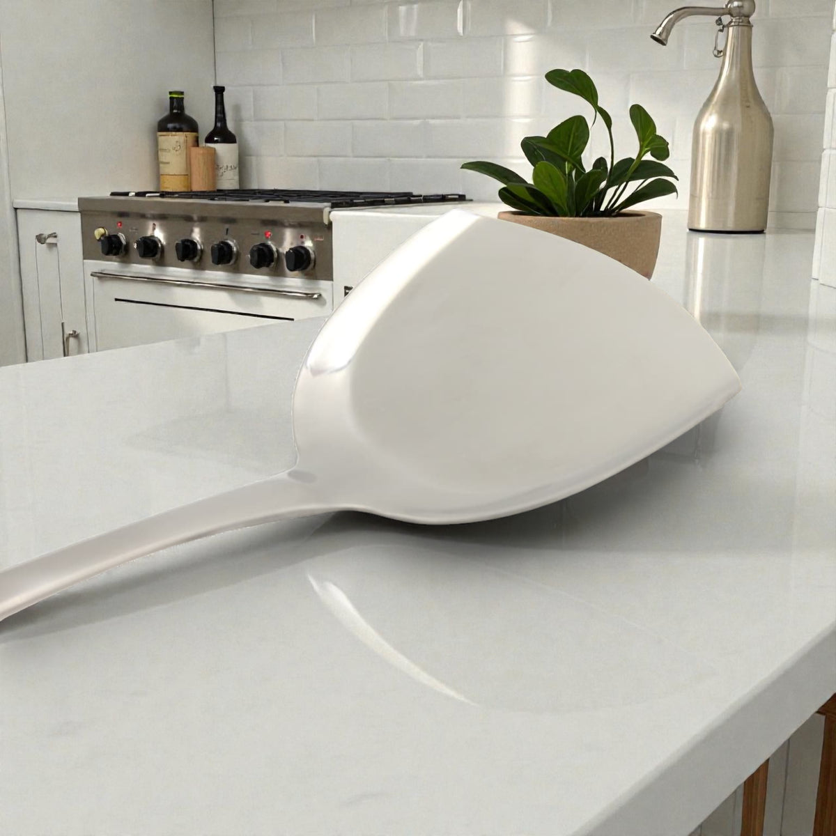 Premium Stainless Steel Kitchen Turner Spatula with Wood-Style Ergonomic Handle – Heavy Duty Cooking & Frying Turner for Pancakes, Eggs, Fish, Burgers & Everyday Use (3H x 10W x 36L CM) - Damoo