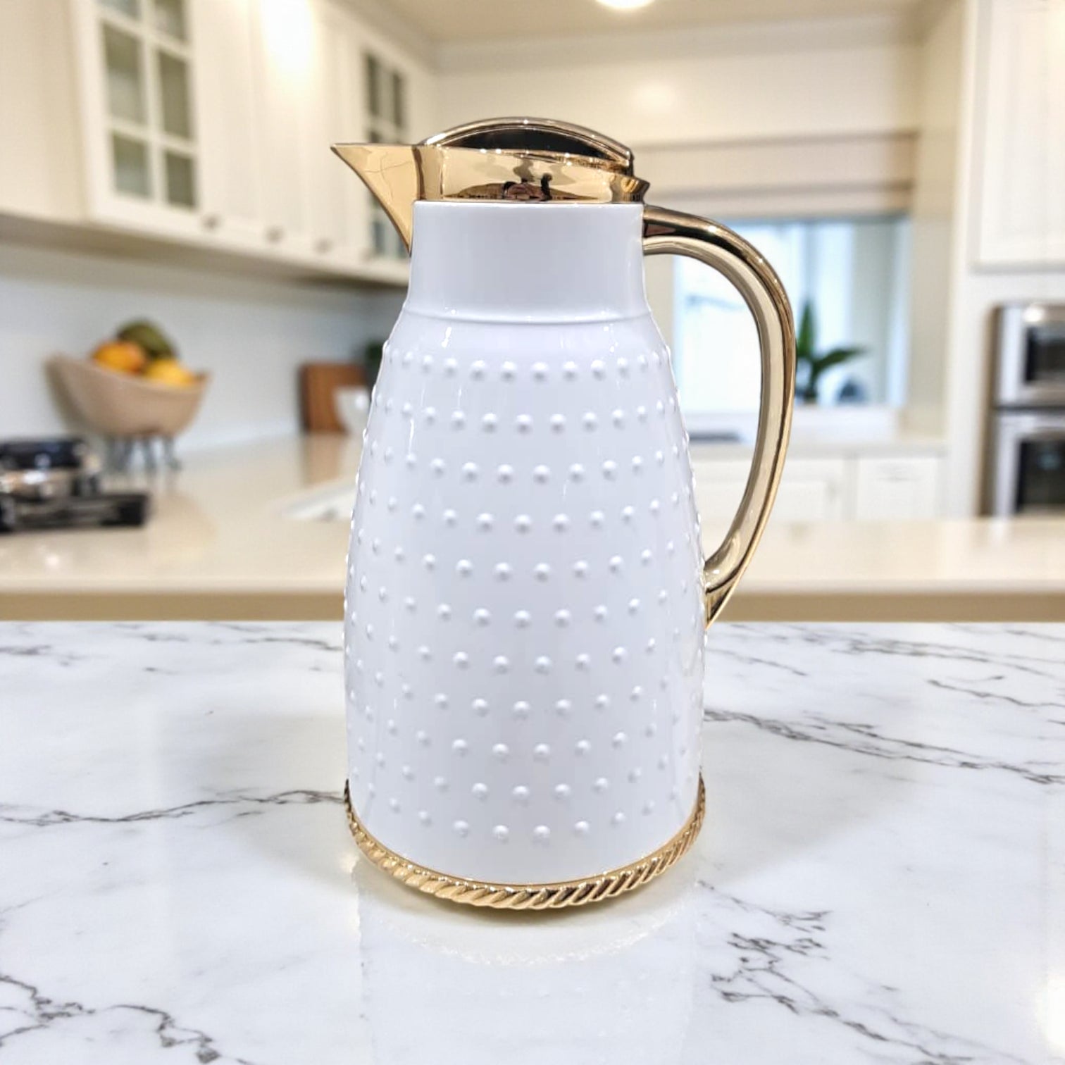 Ansa Premium White Insulated Thermos Flask – Elegant Dotted Design with Chrome or Gold Finish – 1L Vacuum Jug for Hot & Cold Beverages - Damoo