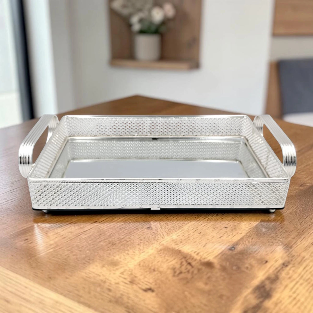 Decorative Mirror Serving Tray with Handles Rectangular Metal Frame Vanity Organizer Tray (9H x 41L x 24W CM) - Damoo