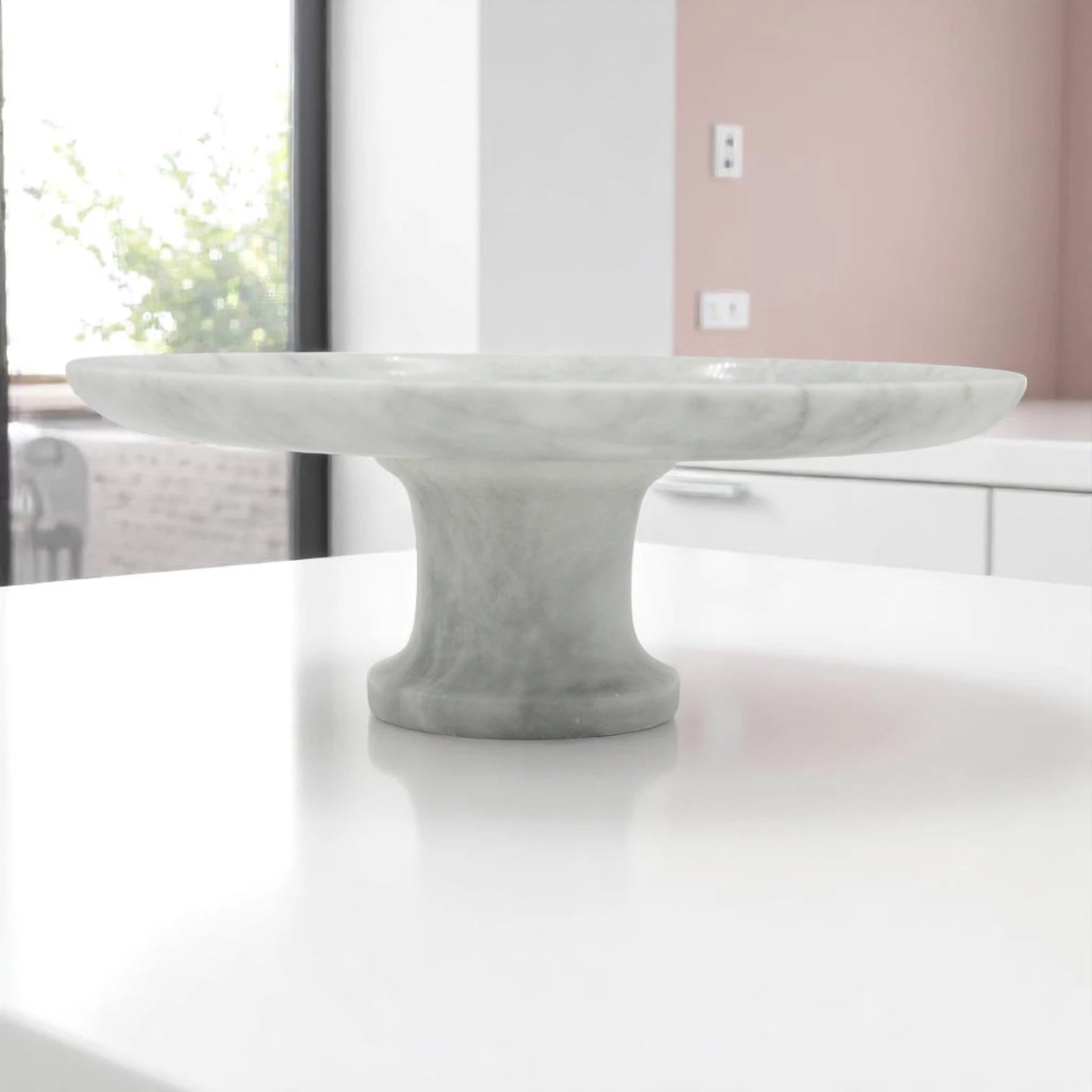 Beige Marble-Style Round Serving Plate on Stand – Modern Stone-Look Display Tray for Kitchen, Dining Table & Living Room - Elegant Multi-Purpose Pedestal Platter for Food or Décor - Damoo