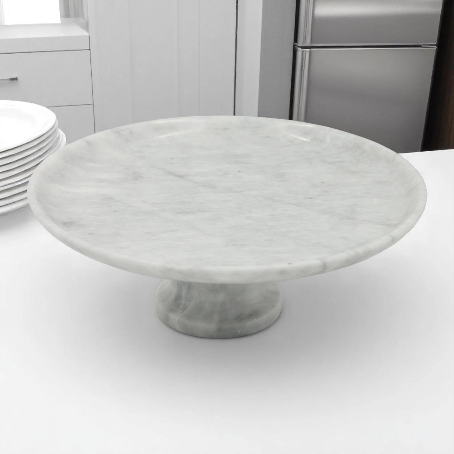 Beige Marble-Style Round Serving Plate on Stand – Modern Stone-Look Display Tray for Kitchen, Dining Table & Living Room - Elegant Multi-Purpose Pedestal Platter for Food or Décor - Damoo