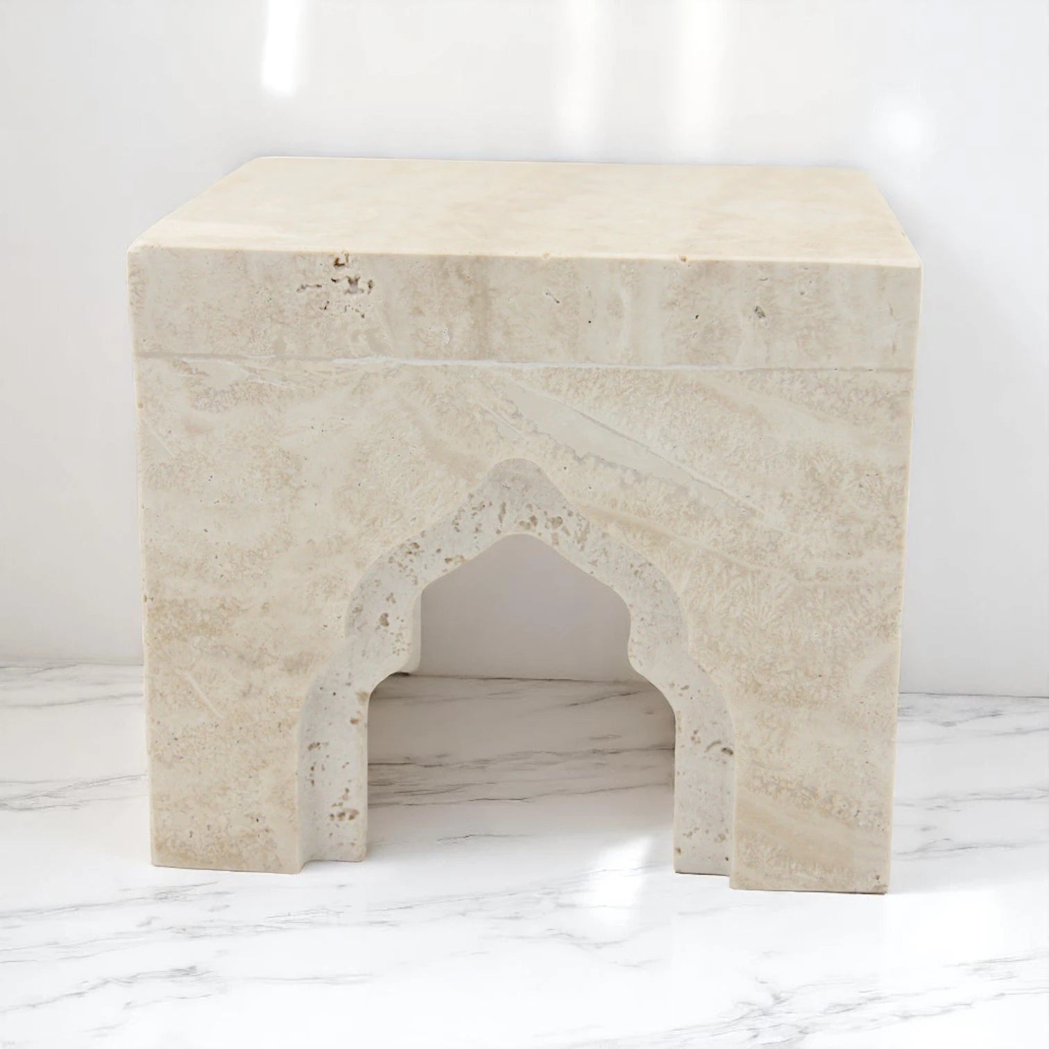 Beige Marble-Style Stand with Middle Eastern Design – Authentic Traditional Decorative Pedestal for Tabletop Display - Elegant Multi-Purpose Accent Tray for Home Décor - Damoo