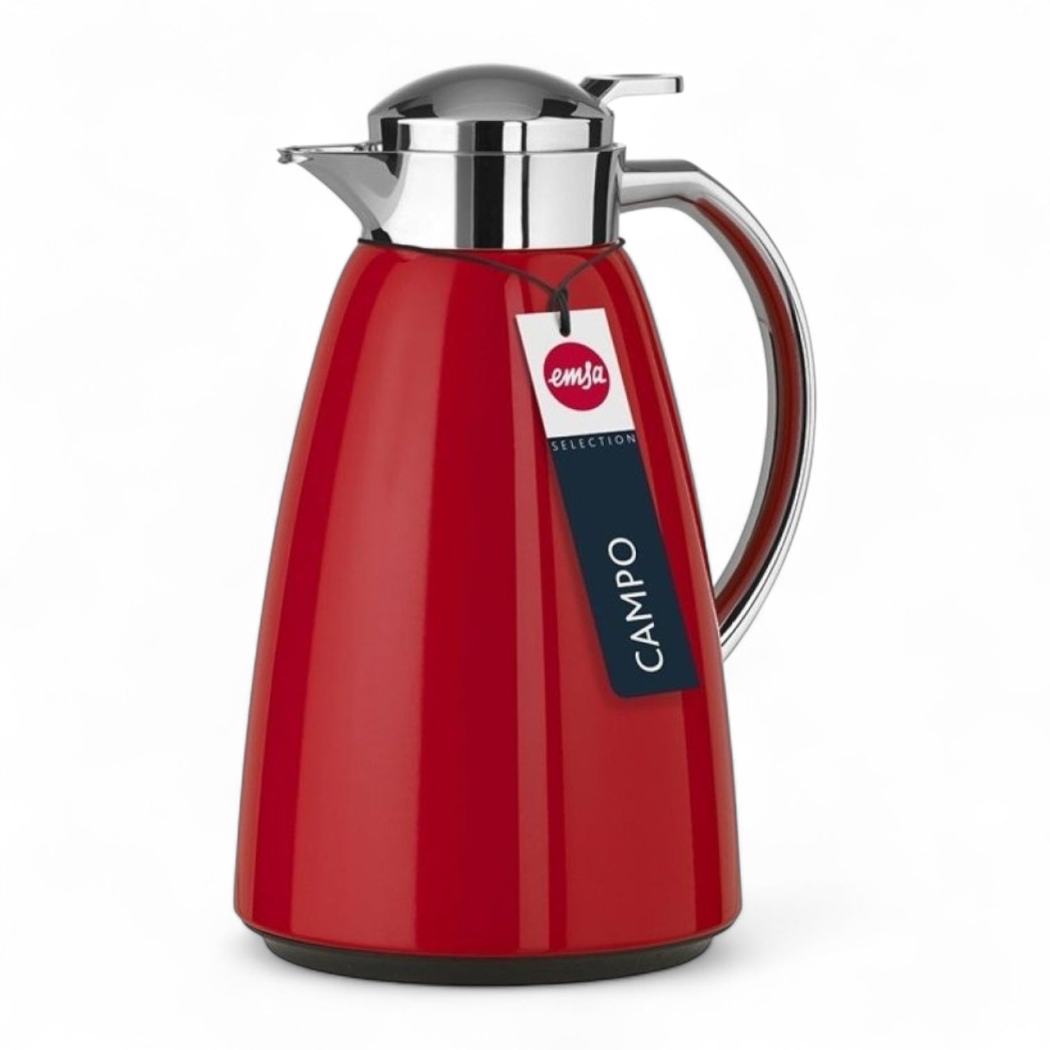Emsa Campo Stainless Steel Thermal Carafe 1.0L (34 oz) – Red Vacuum Jug with Glass Liner, Quick-Tip One-Hand Closure, 100% Leak-Proof, 12H Heat / 24H Cold Retention, Chrome-Plated Lid & Spout - Damoo