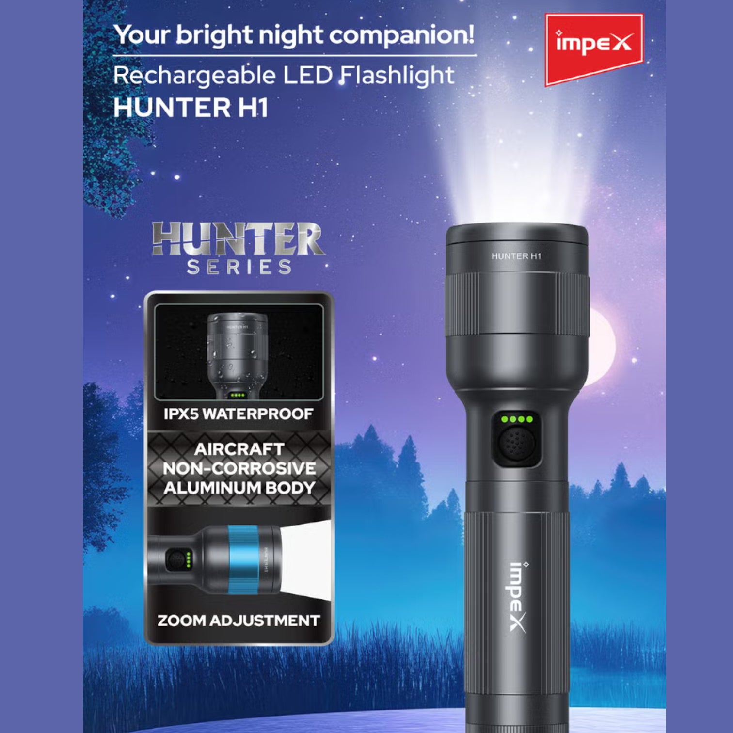 Impex Hunter H1 Rechargeable LED Flashlight | 5050 White Laser LED | 2000mAh Li-ion Battery | 4 Light Modes | 500m Beam | Type-C Fast Charging | Waterproof Aluminum Body