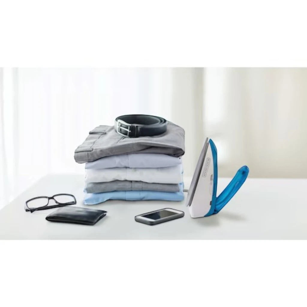 Black+Decker 1085W Dual Voltage Travel Steam Iron – Lightweight, Foldable Handle, Nonstick Teflon Soleplate, Compact Design for International Use (Blue) - TI250-B5 - Damoo