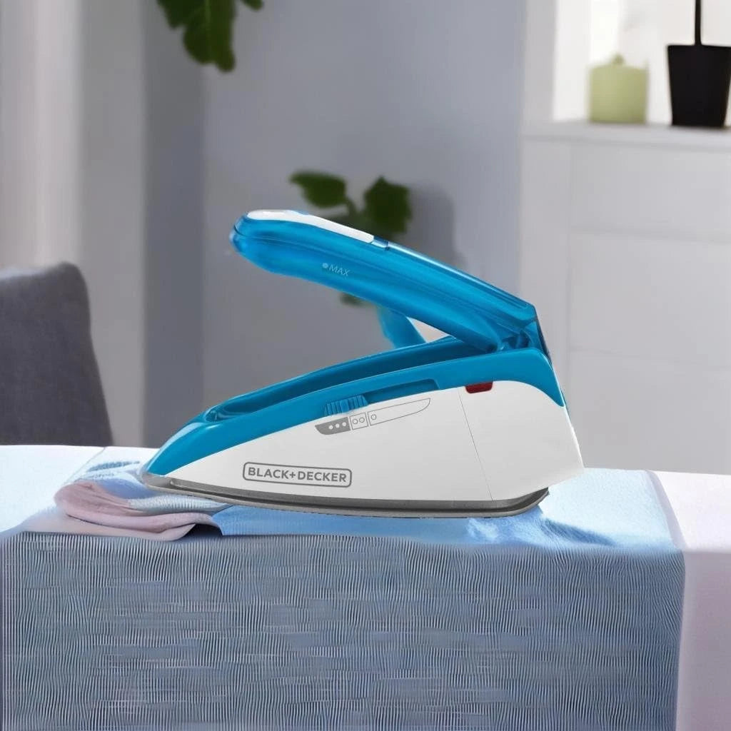 Black+Decker 1085W Dual Voltage Travel Steam Iron – Lightweight, Foldable Handle, Nonstick Teflon Soleplate, Compact Design for International Use (Blue) - TI250-B5 - Damoo