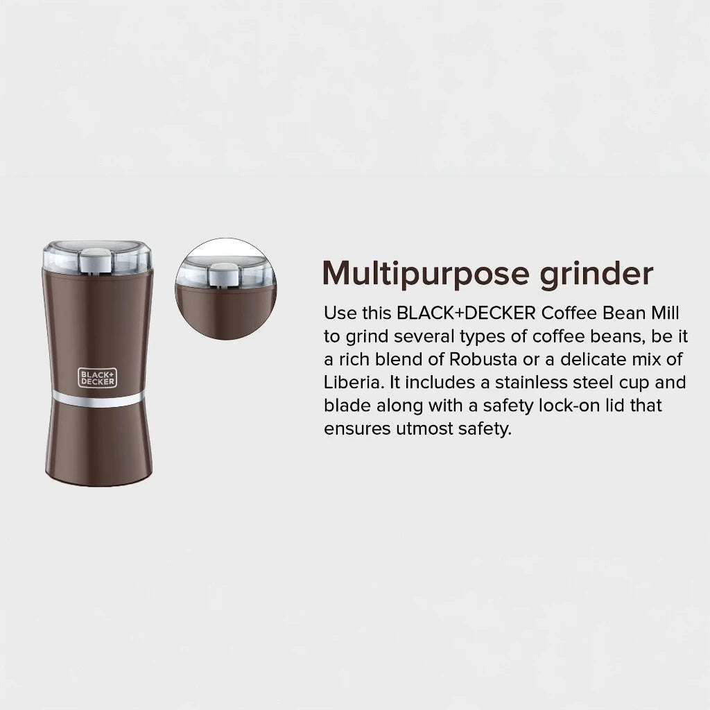 Black+Decker 150W Electric Coffee Grinder with Stainless Steel Cup & Blade – 60g Capacity, Safety Lock Lid, Compact Design for Beans, Spices & Herbs – CBM4-B5 –Brown - Damoo