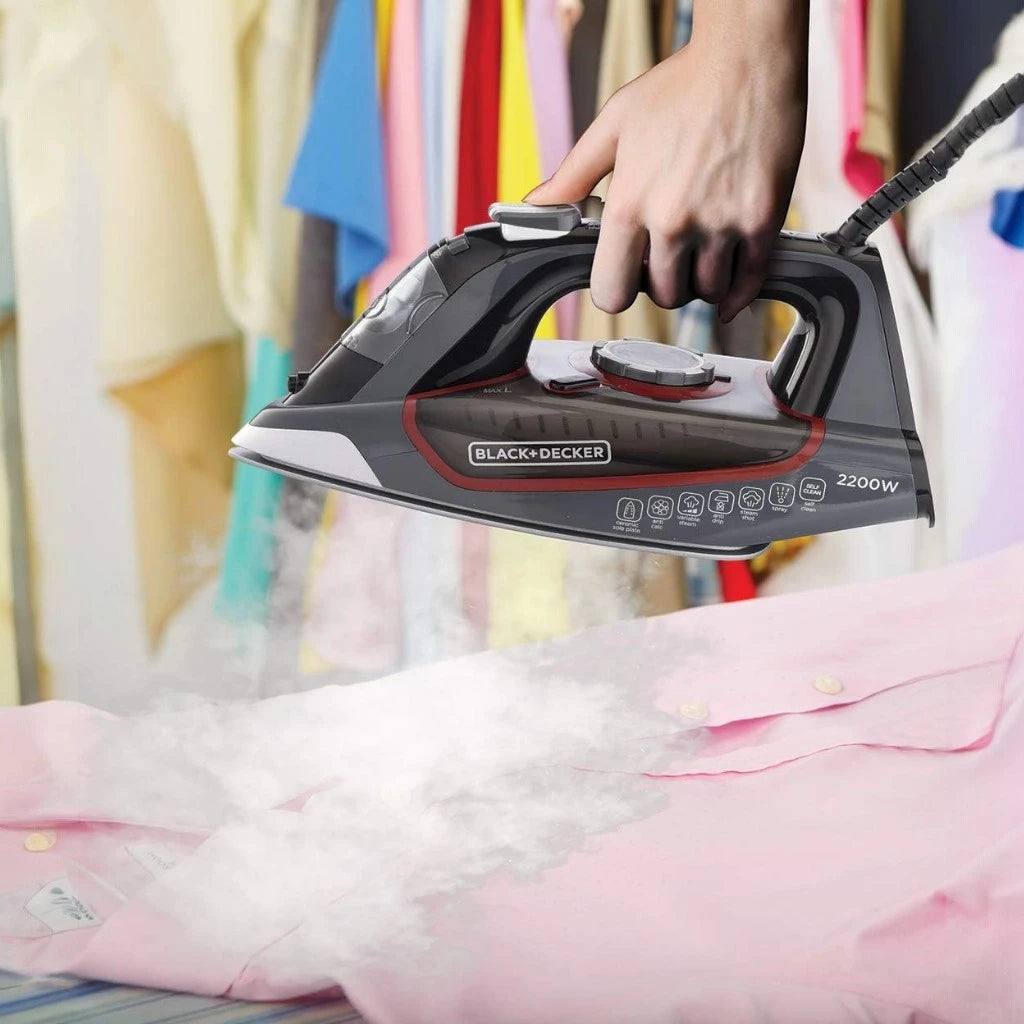 Black+Decker 2200W Steam Iron with Ceramic Soleplate, 380ml Tank, Anti-Drip & Auto Shutoff – X2050-B5 (Grey) - Damoo